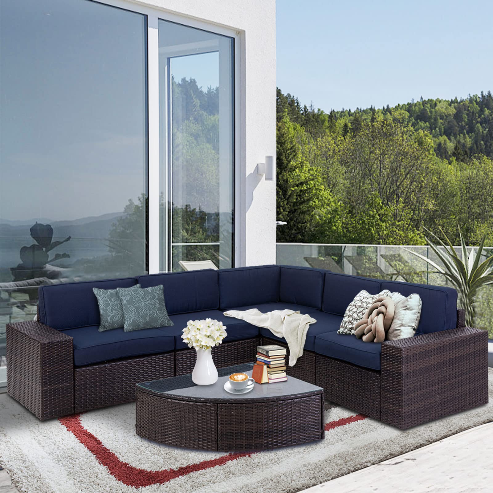 6-Piece Outdoor Sectional Sofa Set - Patio Wicker Furniture with Tempered Glass Table & Cushions - Dark Blue Conversation Set for Backyard, Poolside or Garden Relaxation