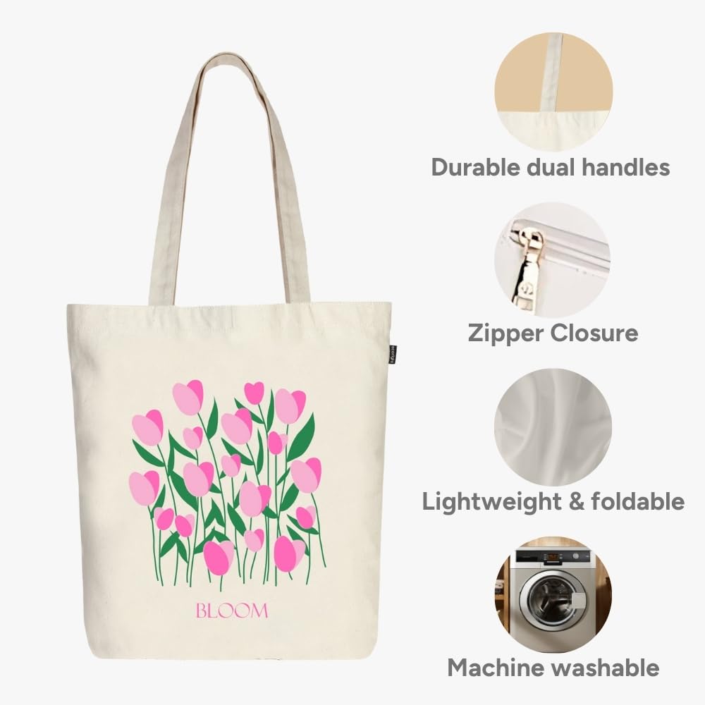 Ecoright 100% Organic Cotton Canvas Tote Bags for Women with Zipper - Stylish College Backpack for Girls, Reusable Shopping Bag, Perfect for Travel, Beach & Daily Use