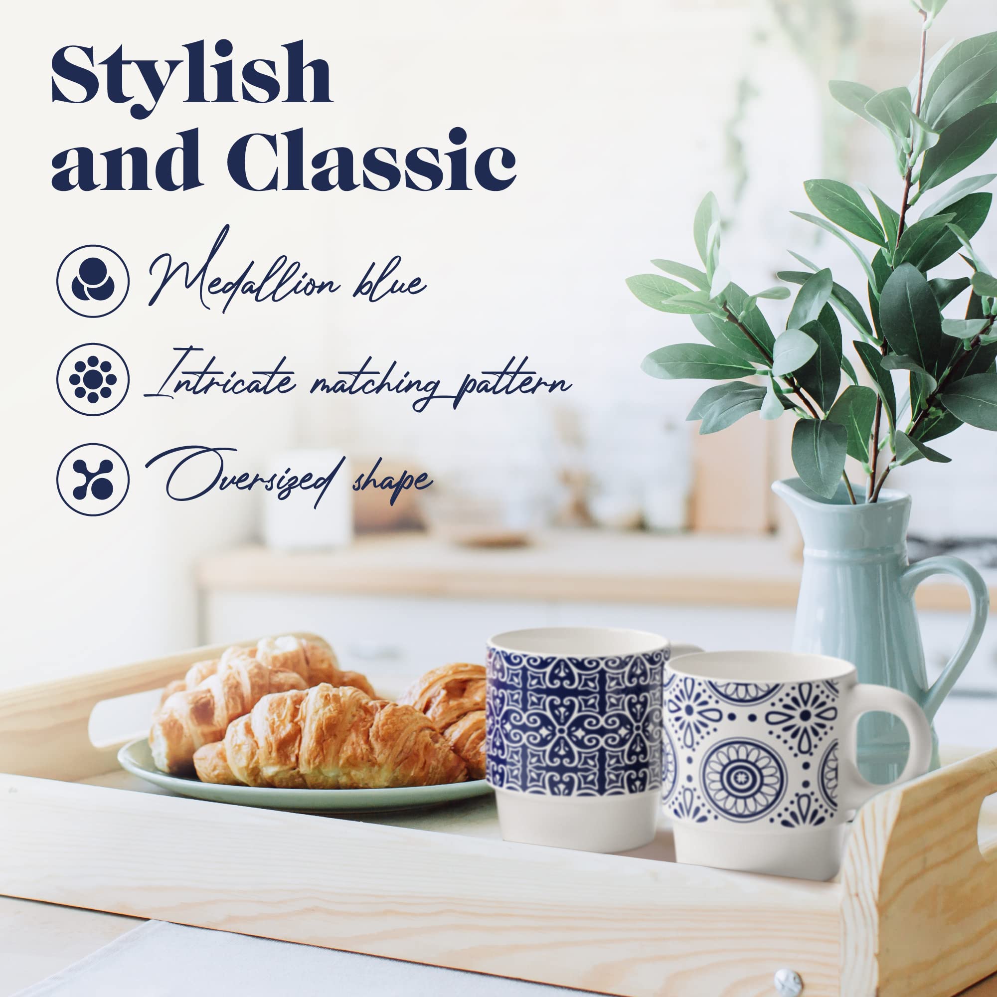 American Atelier 4-Piece Ceramic Coffee Mug Set with Stackable Rack – 14oz Medallion Blue Design – Perfect for Home, Office, or Gift Giving