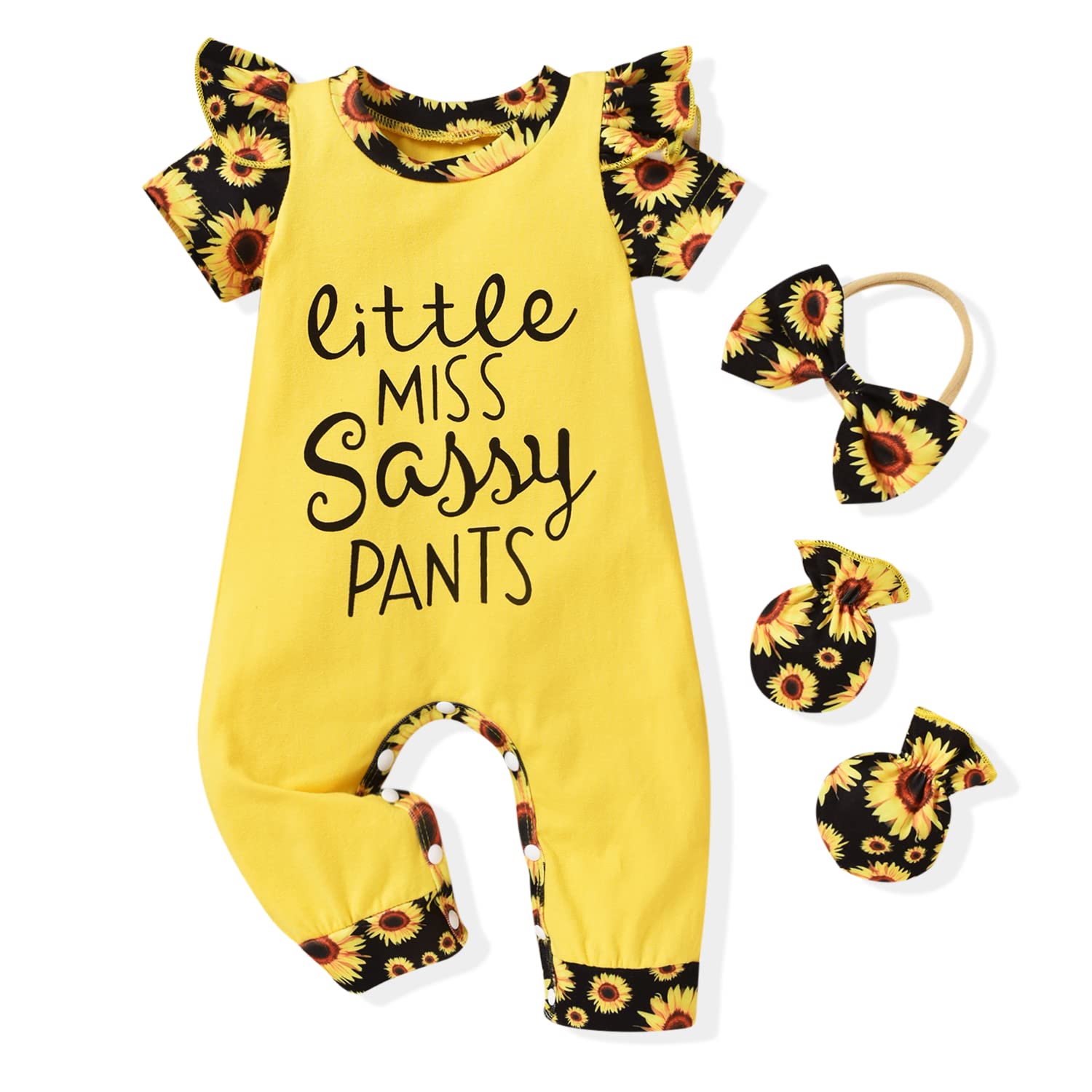 HINTINA Newborn Baby Girl Outfit Set - Letter Print Romper Jumpsuit with Gloves & Headband | Perfect for Preemie Photoshoots, Hospital Coming Home & Gift Giving