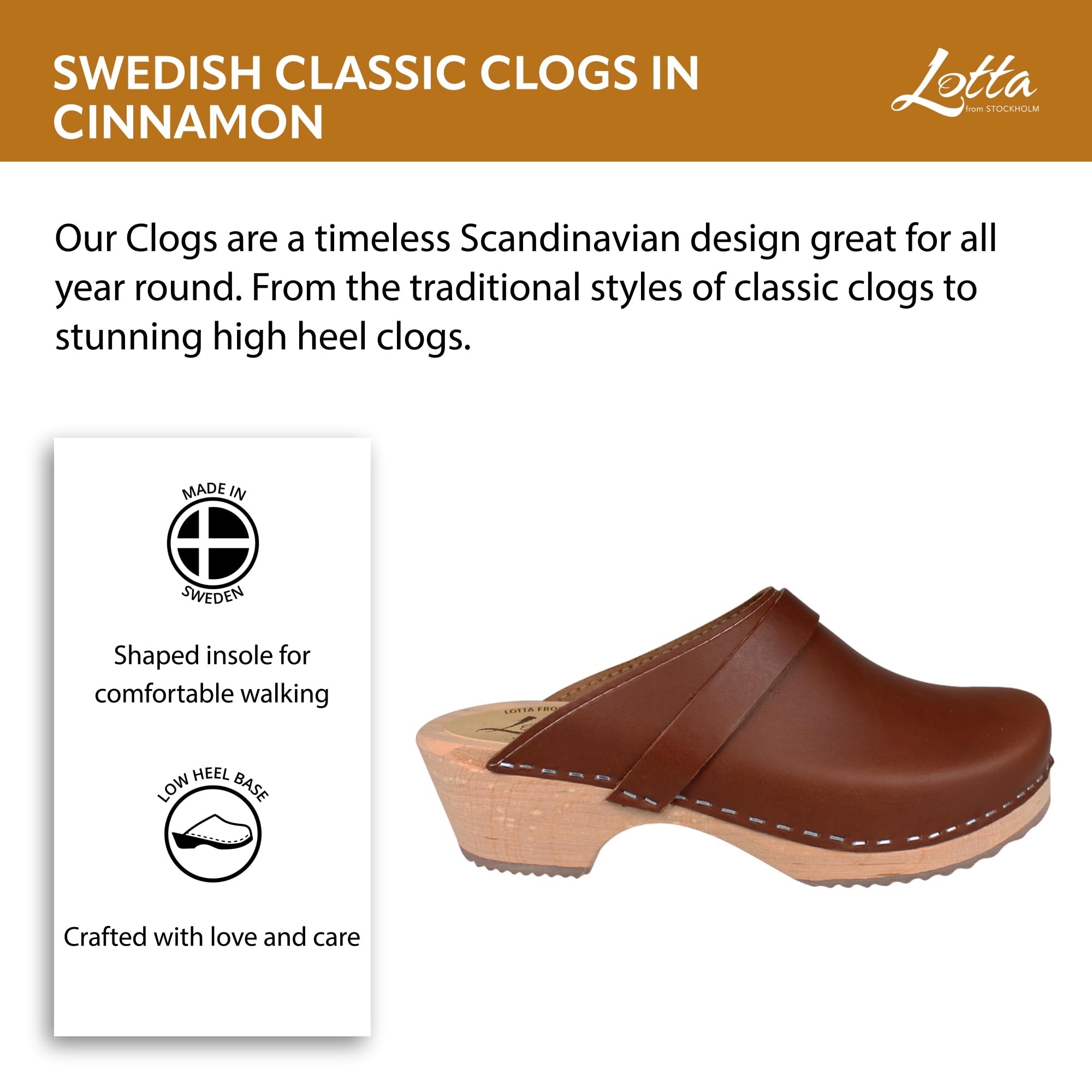 Swedish Classic Clog Mules for Women - Comfortable Low Heel Slip-On Wooden Shoes with Supportive Alder Wood Base & Genuine Leather (Cinnamon) | Perfect for Gardening, Nursing, or Casual Everyday Wear