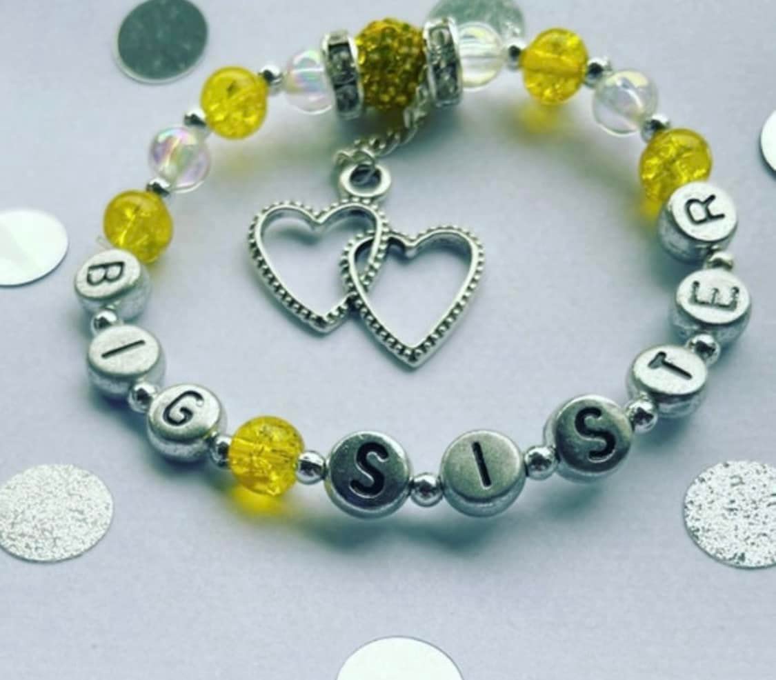 Yellow Shamballa Beaded Bracelet - Initial Wording Stretch Gift for Sister - Perfect for Birthdays & Sibling Gifts