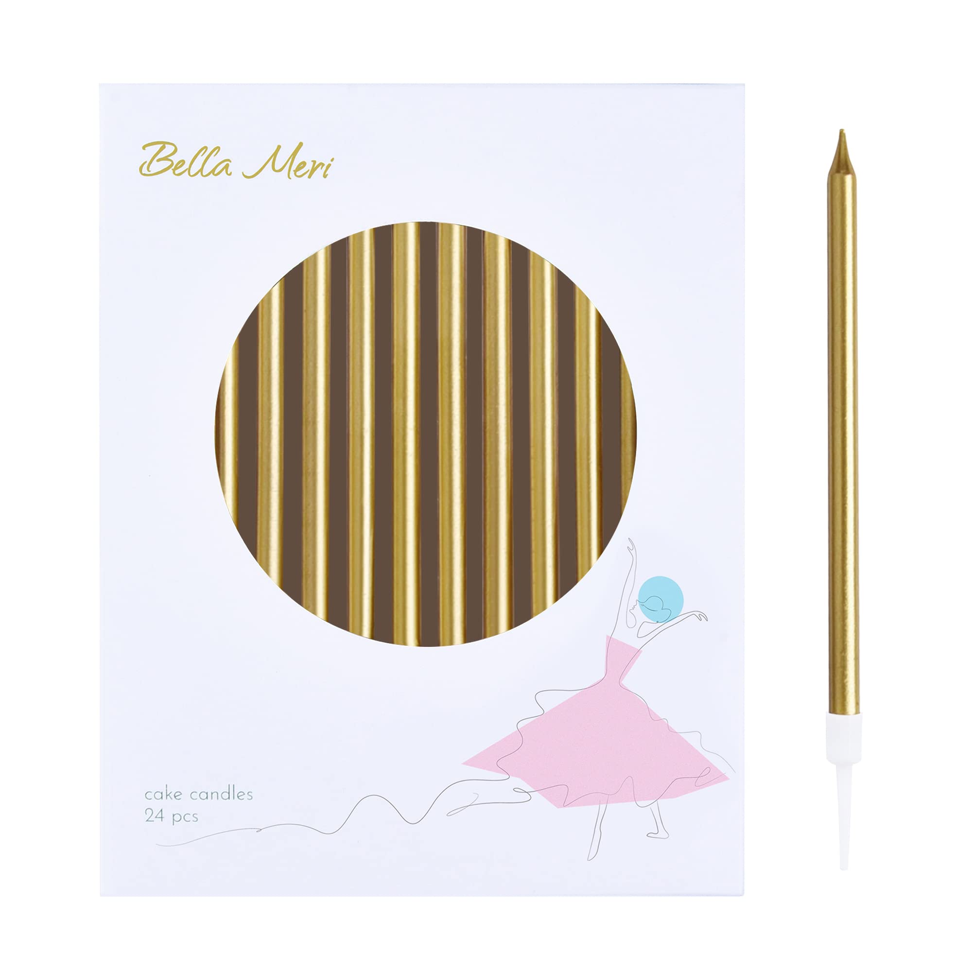 Bella Meri Gold Long Thin Metallic Birthday Candles - Elegant Cake Candles for Birthday Parties, Wedding Decorations & Special Events - Perfect for Cakes, Cupcakes & Dessert Tables