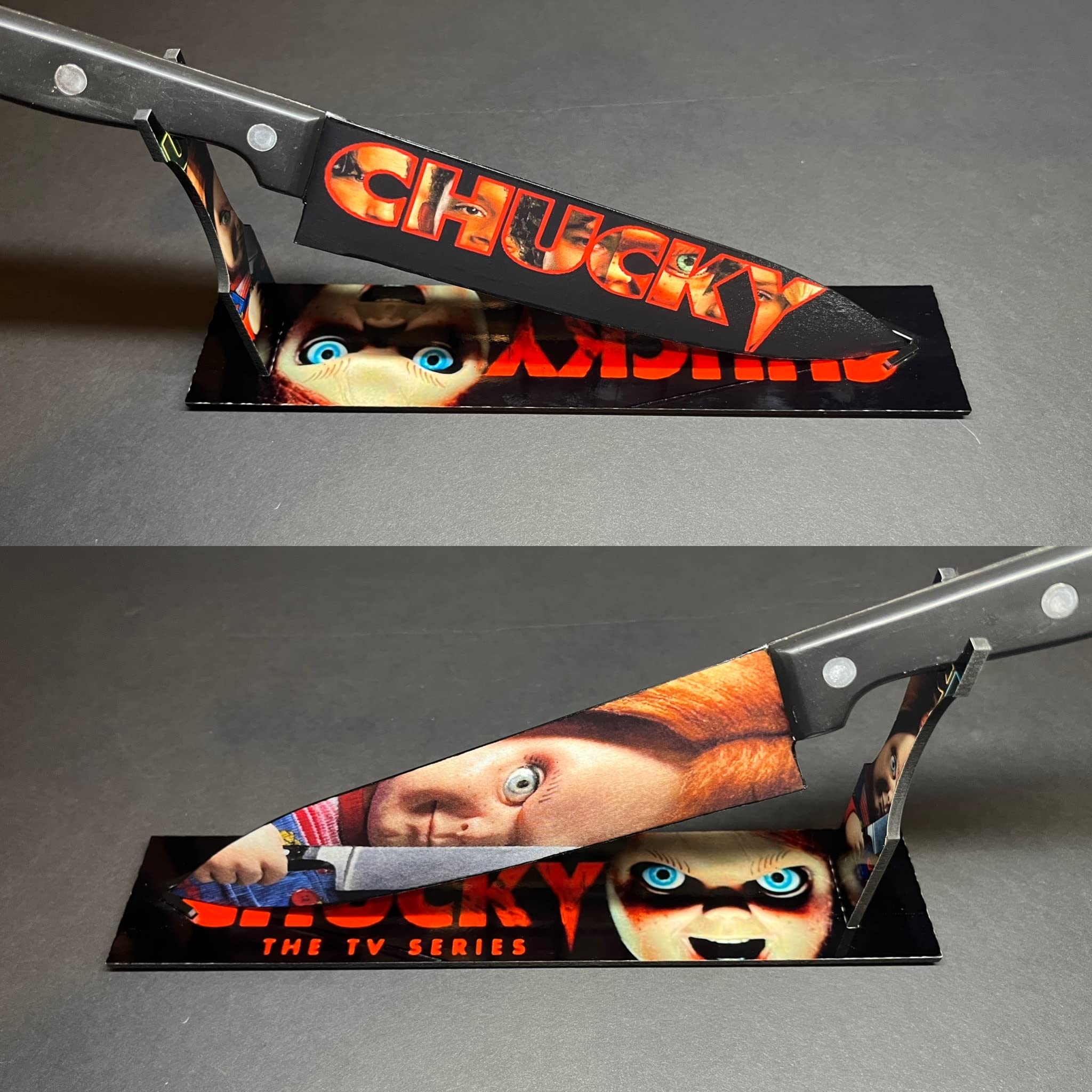 Chucky TV Series Replica Knife with Sublimated Display Stand - Perfect for Horror Collectors, Halloween Decor & Movie Memorabilia