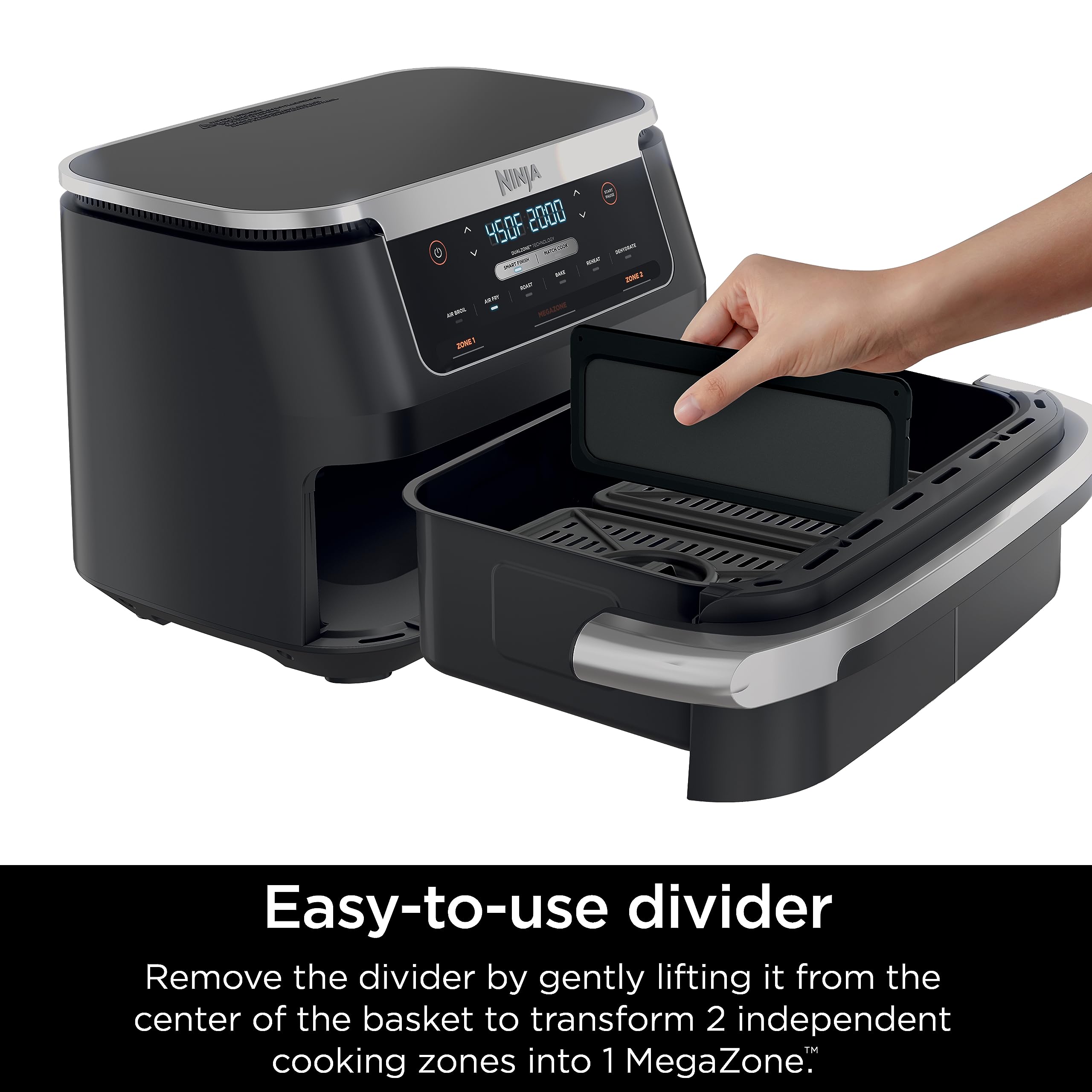 Ninja DZ071 Foodi 6-in-1 FlexBasket Air Fryer with 7-QT MegaZone & Basket Divider - Large Capacity for Family Meals, Smart Finish Technology to Cook 2 Foods 2 Ways - Air Fry, Roast, Bake, Dehydrate - Perfect for Holiday Dinners, Weeknight Meals & Healthy Cooking (Black)