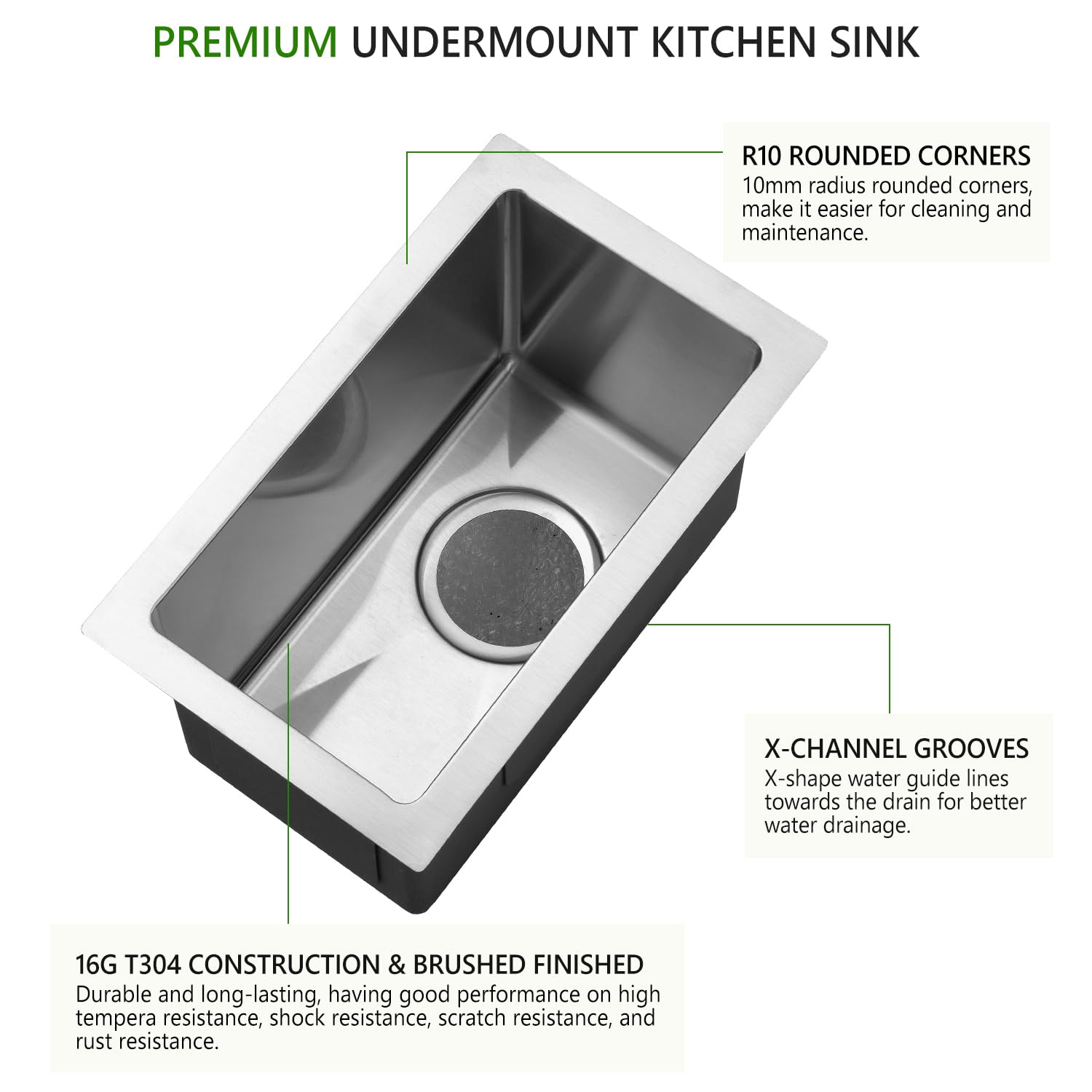 9x15 Inch 16 Gauge Stainless Steel Undermount Bar Sink - Small 9 Inch Sink for Coffee Bars & Kitchenettes - Swift Horse Durable Bar Sink for Home, Office & Commercial Use