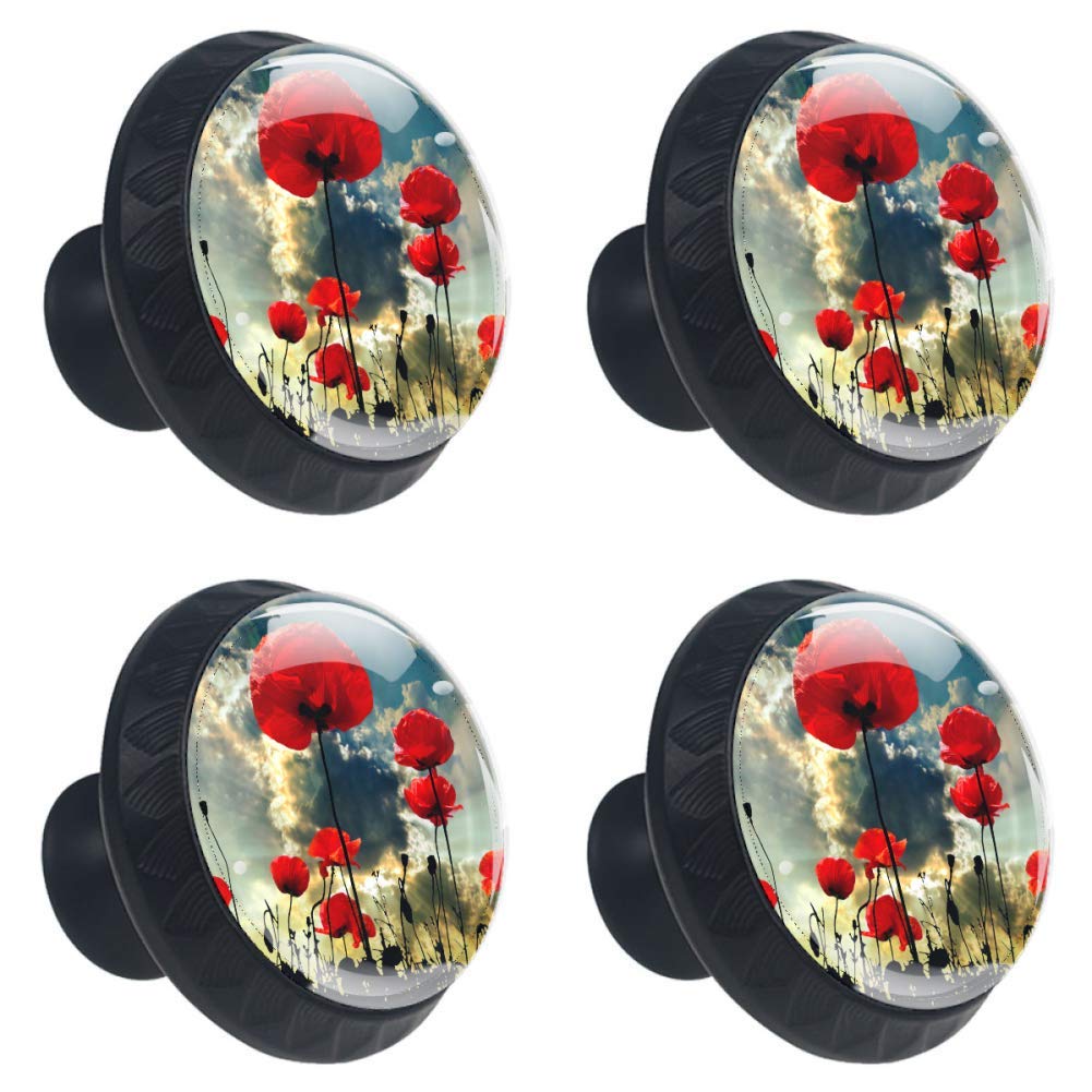 DEYYA 30mm Poppy Red Glass Cabinet Knobs - Set of 4 Drawer Handles for Kitchen Cabinets, Dressers, Cupboards & Wardrobes | Elegant Home Decor Upgrade for Bedroom, Bathroom & Office Furniture