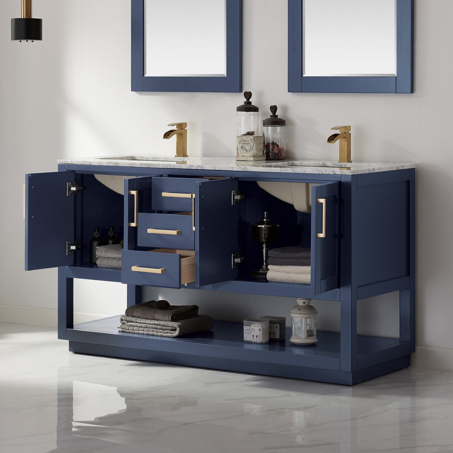 Remi 60 Inch Double Bathroom Vanity Set with Marble Countertop - Modern Bathroom Furniture for Master Bath & Guest Bath Renovation
