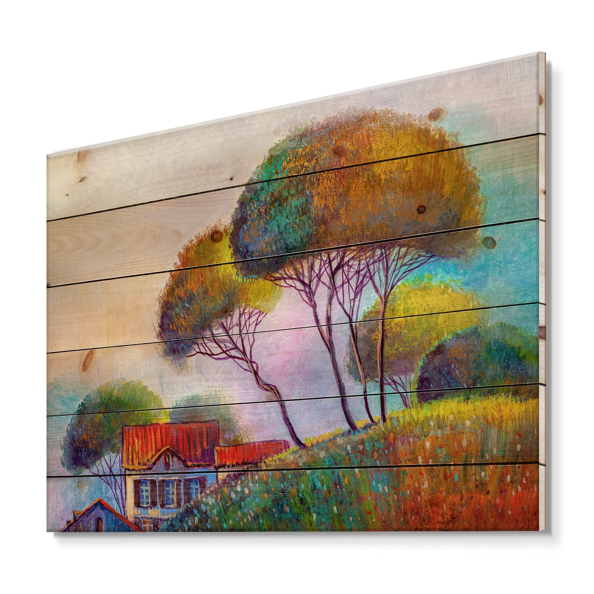 Modern Wood Wall Art - Country House Landscape on Pine for Home Decor