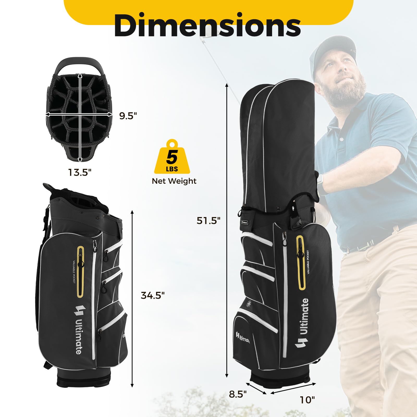 ULTIMATE Golf Cart Bag with 15-Way Top Dividers - Lightweight Portable Golf Club Organizer with Individual Putter Holder, 7 Storage Pockets, Built-in Cooler Bag, Rain Hood, Umbrella Holder & Comfortable Shoulder Strap - Perfect for Golf Tournaments, Driving Range Practice & Weekend Golf Outings