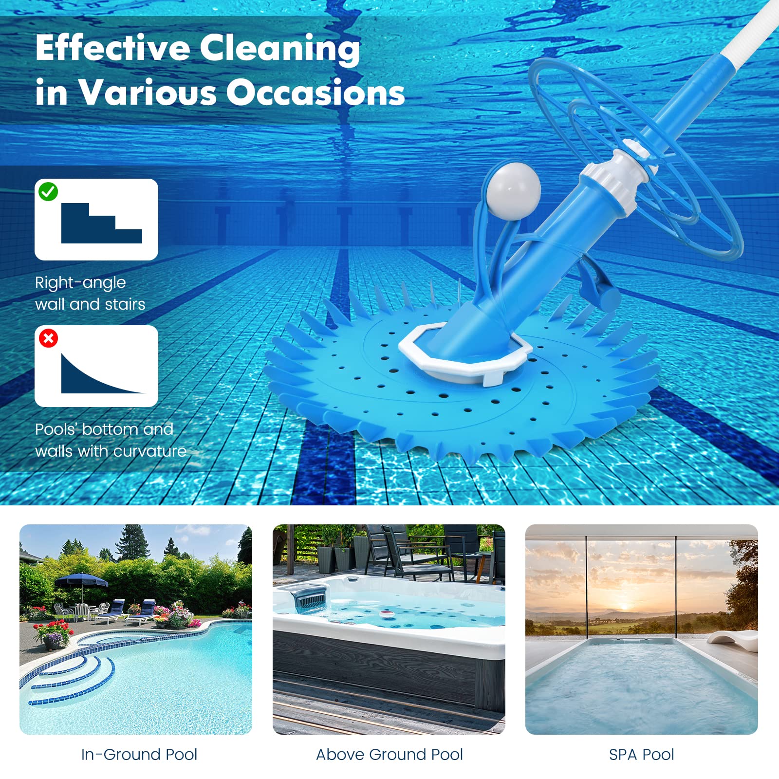 AFSTAR Automatic Pool Vacuum Cleaner - Cordless Suction-Side Pool Sweeper with 36-Fin Disc & 33FT Extension Hoses for In-Ground/Above Ground Pools - Efficient Cleaning for Floors & Walls - Perfect for Backyard, Vacation Homes & Community Pools