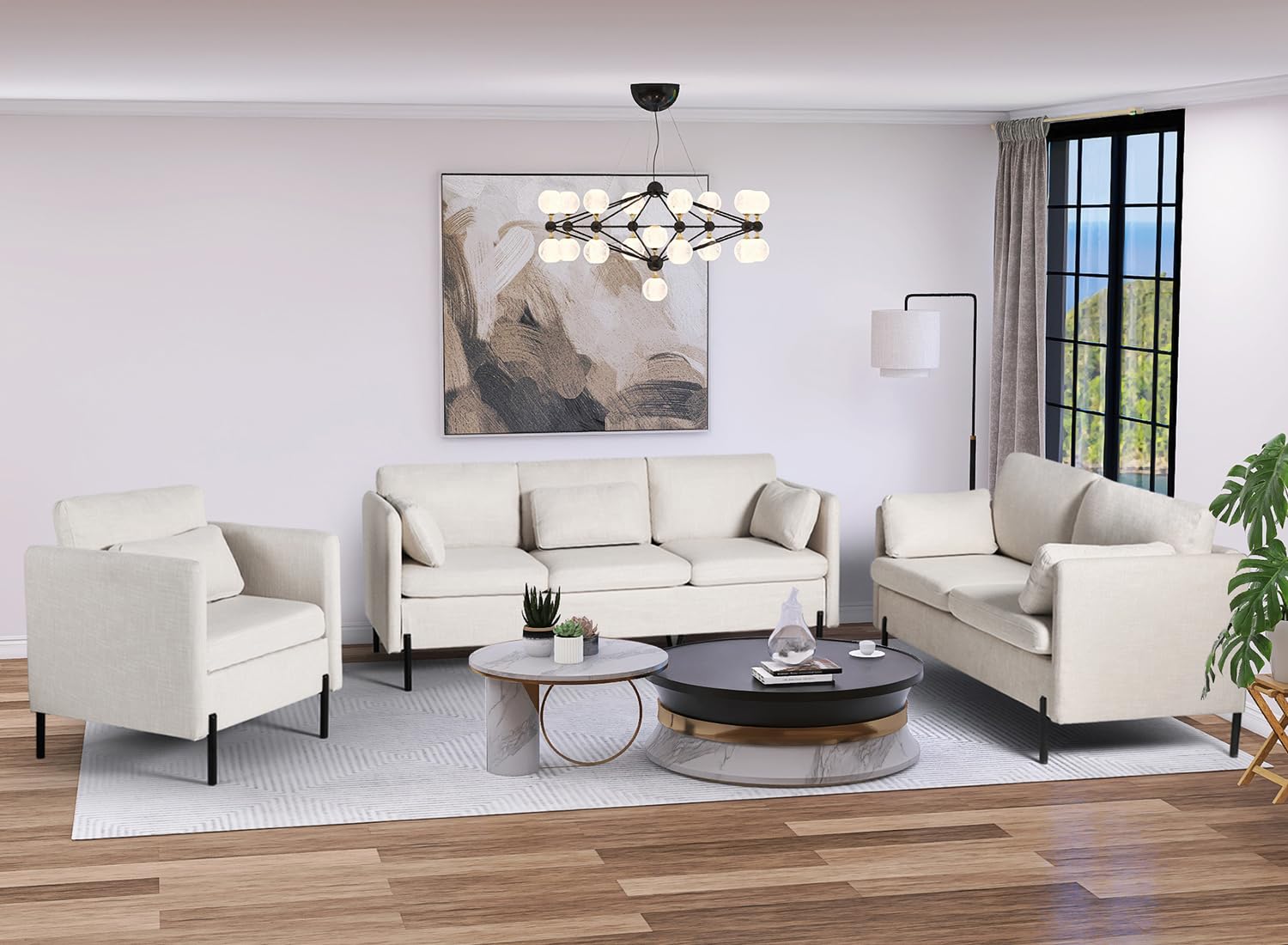 LINLUX 3-Piece Modern Sectional Sofa Set with Pillows - Cream Beige Upholstered Loveseat & Couch for Living Room, Bedroom, Apartment | Comfortable Fabric Furniture for Small Spaces, Dorms & Offices | Perfect for Relaxing, Entertaining & Compact Home Decor