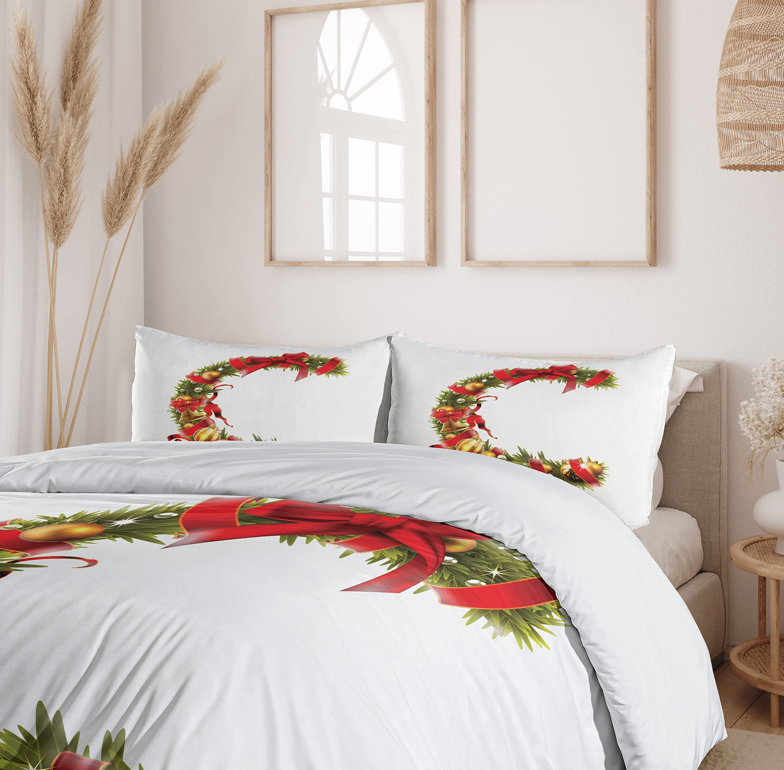 Ambesonne Christmas Alphabet Duvet Cover Set - Tree Branches Forming Letter C with Ribbon & Baubles, 3-Piece Queen Size Bedding Set with 2 Pillow Shams in Pearl & Olive Green | Holiday Home Decor for Bedroom, Festive Seasonal Gift Idea