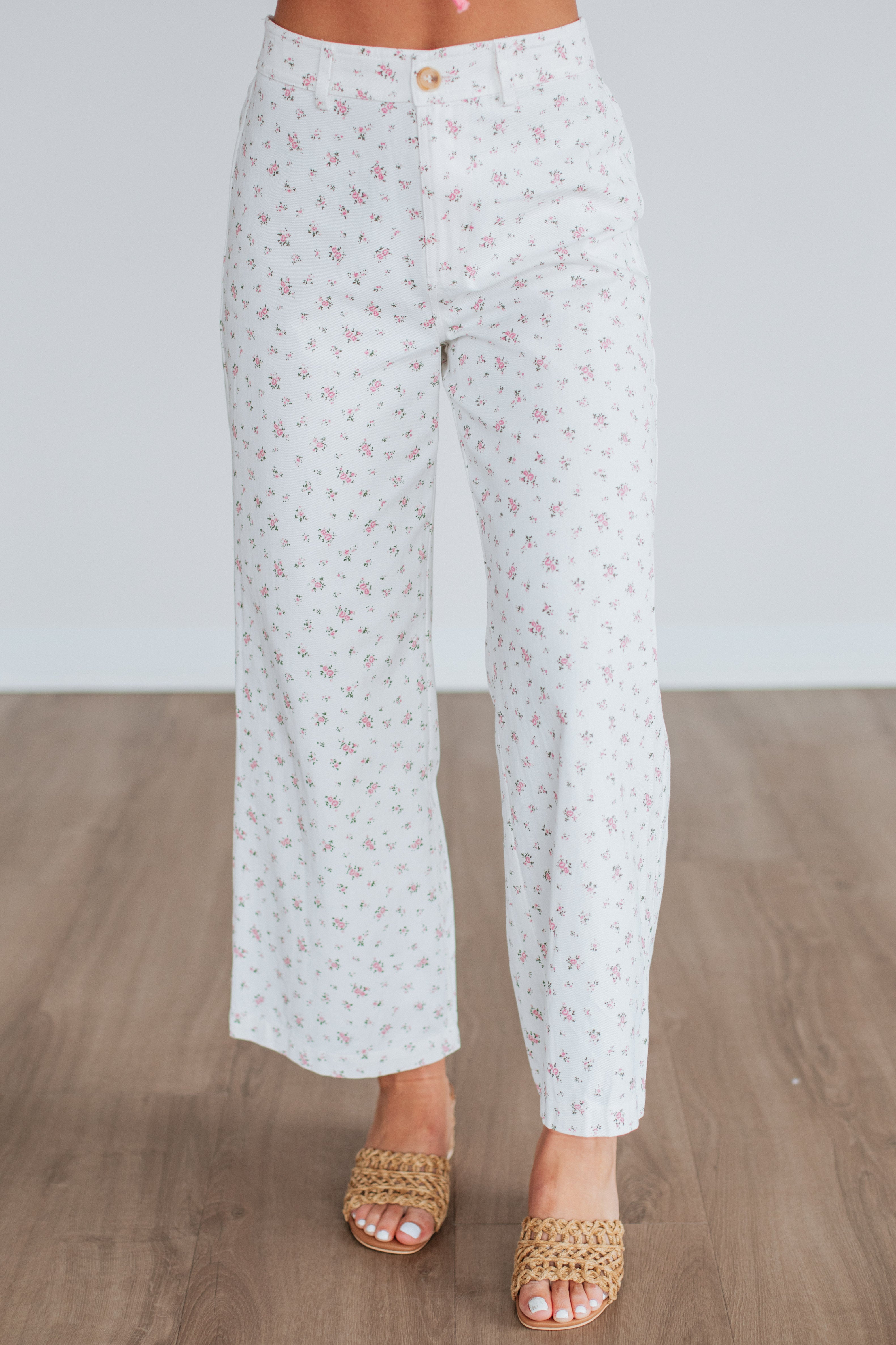 Cheyla Floral Pants Ivory Mix - Women's Boho Floral Print Wide Leg Trousers for Casual Wear, Vacation & Summer Outfits