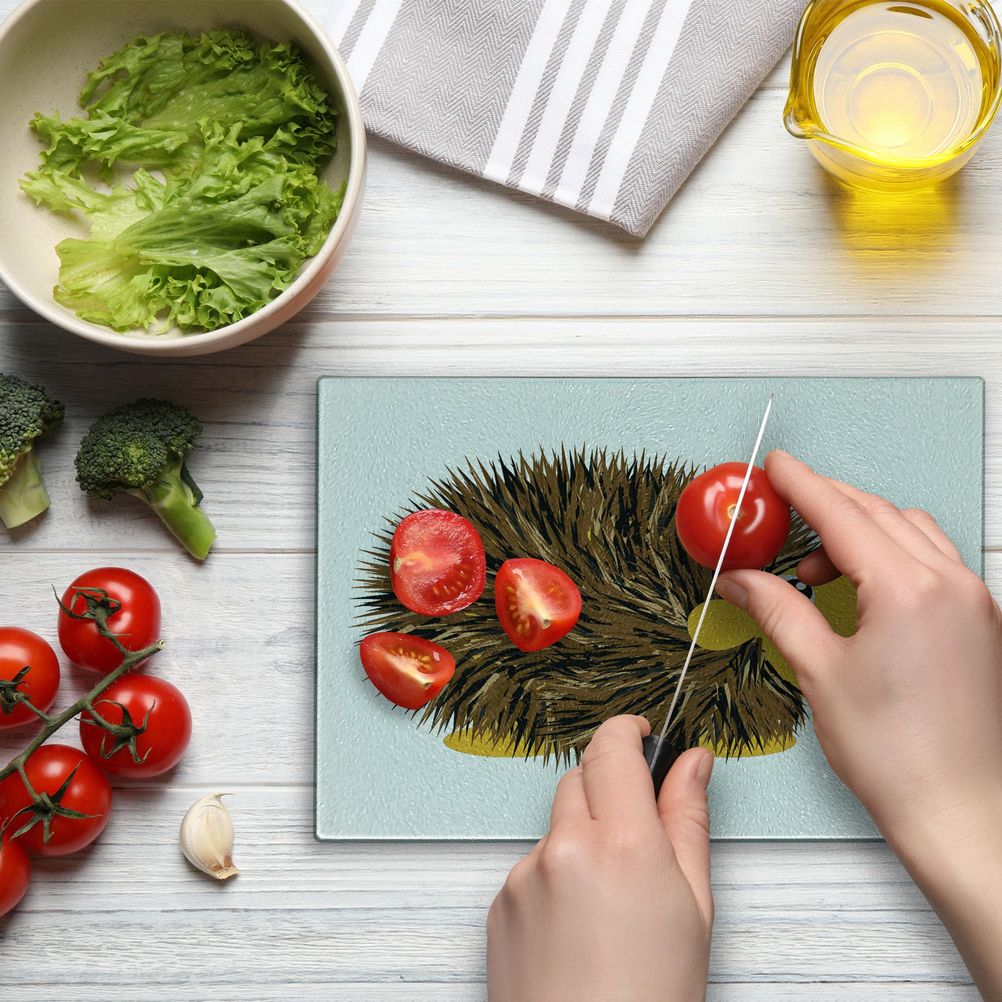 Ambesonne Hedgehog Tempered Glass Cutting Board - Cartoon Animal Design with Happy Smile, Small Brown & Yellow Serving Board for Kitchen, Charcuterie & Cheese Display - Perfect for Home Decor, Gift Giving & Party Platters