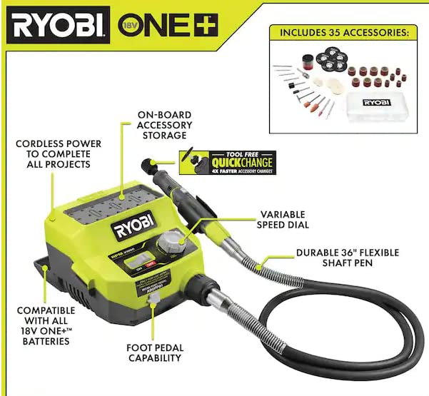Ryobi 18V Cordless Rotary Tool Station - Perfect for DIY Projects, Woodworking, Metal Engraving & Crafting