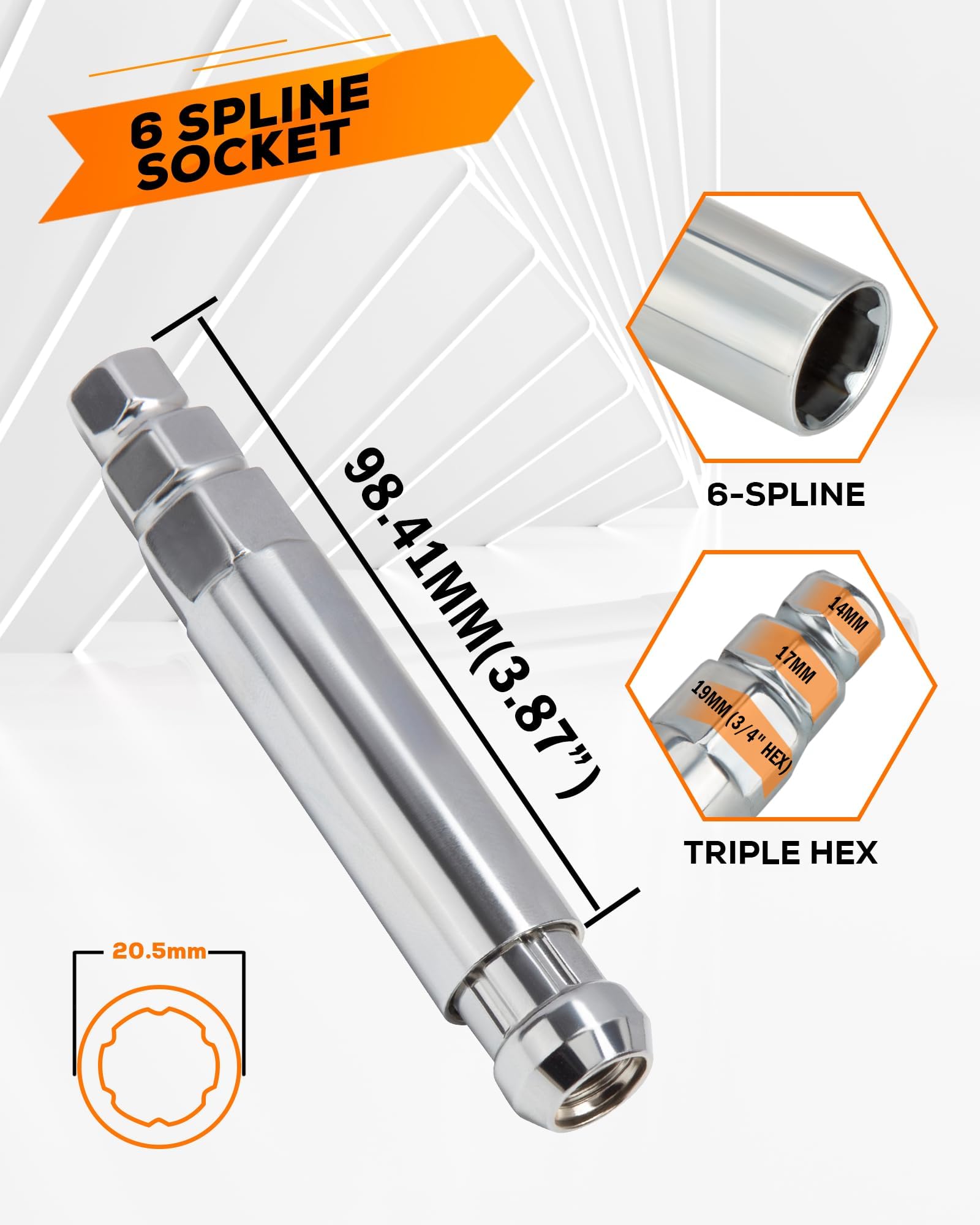 Dynofit 6 Spline Lug Nuts Socket Key - Universal Chrome Spike Lug Nut Wrench Tool for 19mm, 17mm, 14mm Hex - Fits M12X1.5, 12X1.25, 1/2