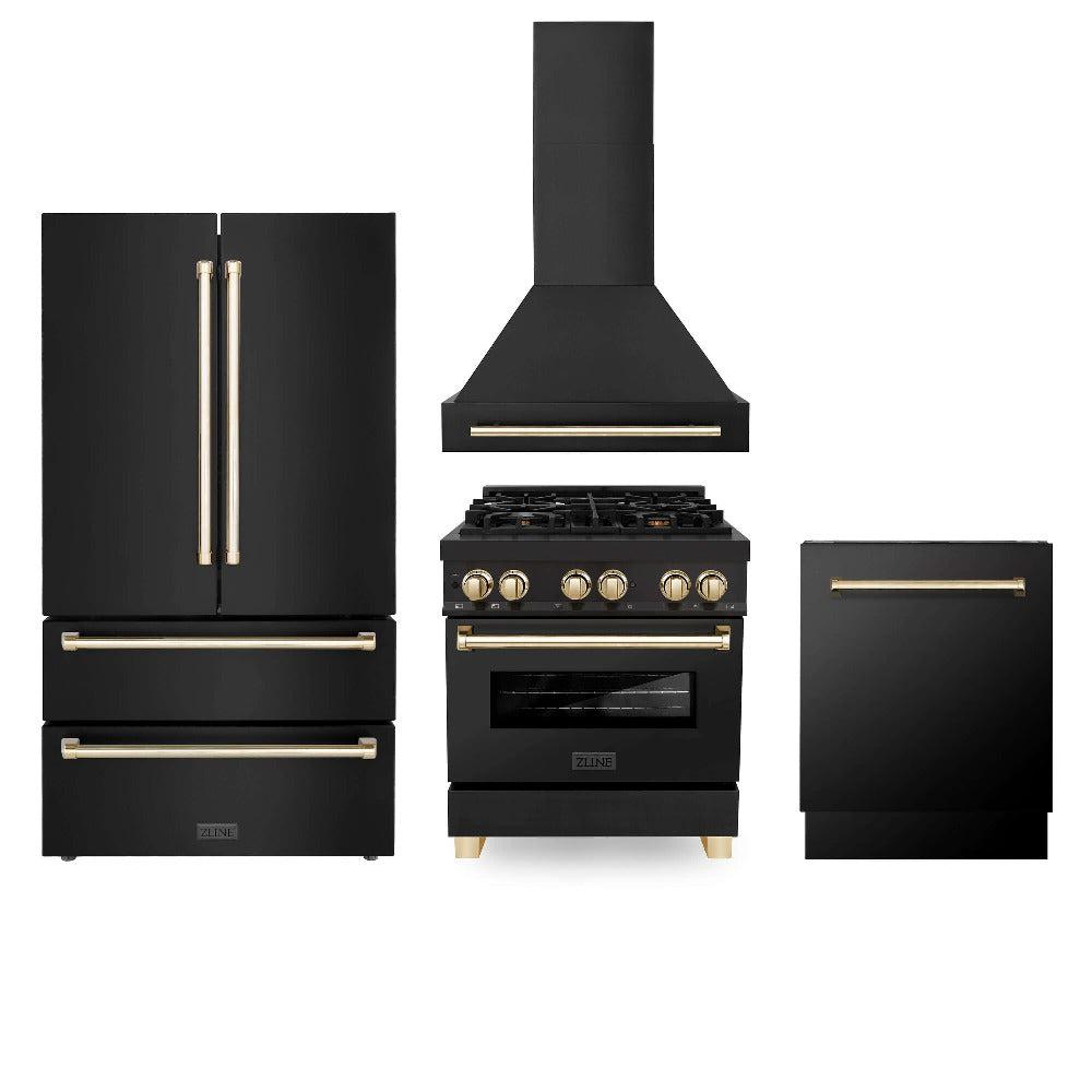 ZLINE Autograph Edition 30-inch Black Stainless Steel Kitchen Package - Dual Fuel Range, Range Hood, Dishwasher & Refrigerator with External Water Dispenser & Polished Gold Accents (4AKPR RABRHDWV30 G) | Premium Luxury Kitchen Appliances for Modern Homes & Gourmet Cooking