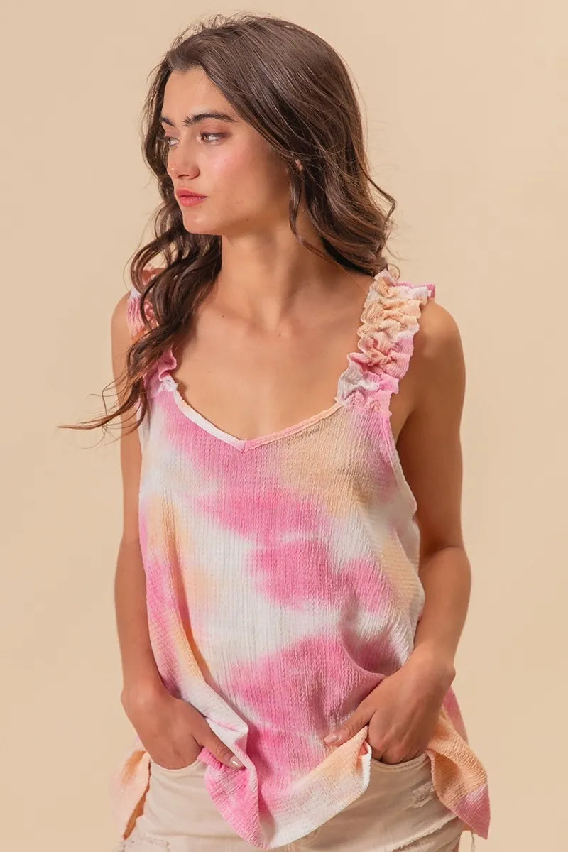 BiBi Tie Dye Printed Textured Woven Ruffled Blouse - Stylish Boho Chic Top for Women, Perfect for Summer Festivals, Beach Vacations & Casual Outings