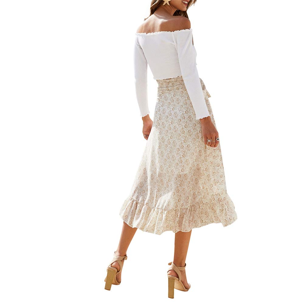 Women's Floral Chiffon Midi Skirt - High Waist Side Wrap Bohemian Asymmetric Long Skirt for Summer Beach Vacation & Casual Outings