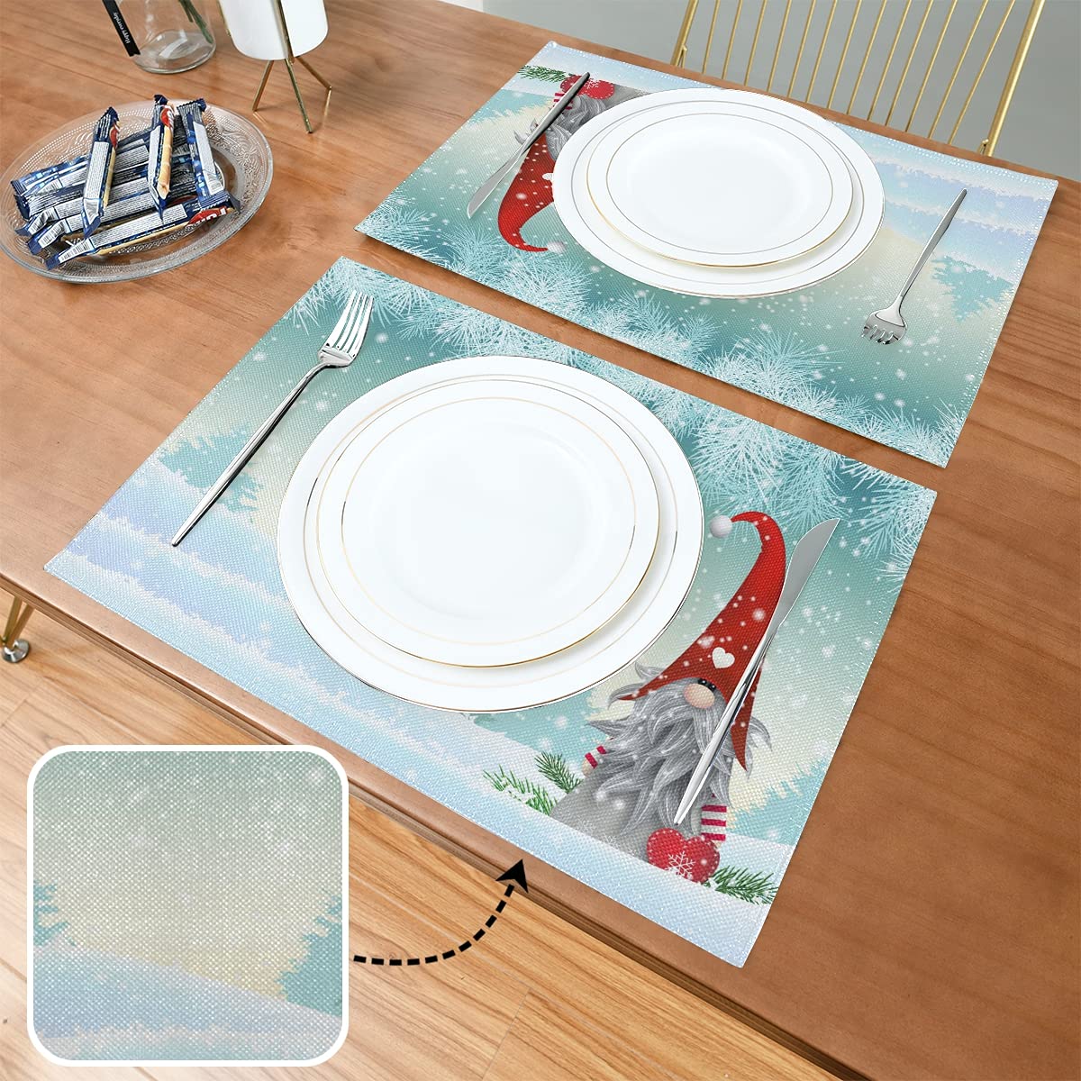 Bolaz Lovely Christmas Gnome Standing Snowfall Winter Placemats Set of 4 - Washable Snowflake Table Mats for Kitchen Dining Home Decor (12x18 inches) - Perfect for Holiday Parties, Winter Dinner Settings & Festive Home Decorations