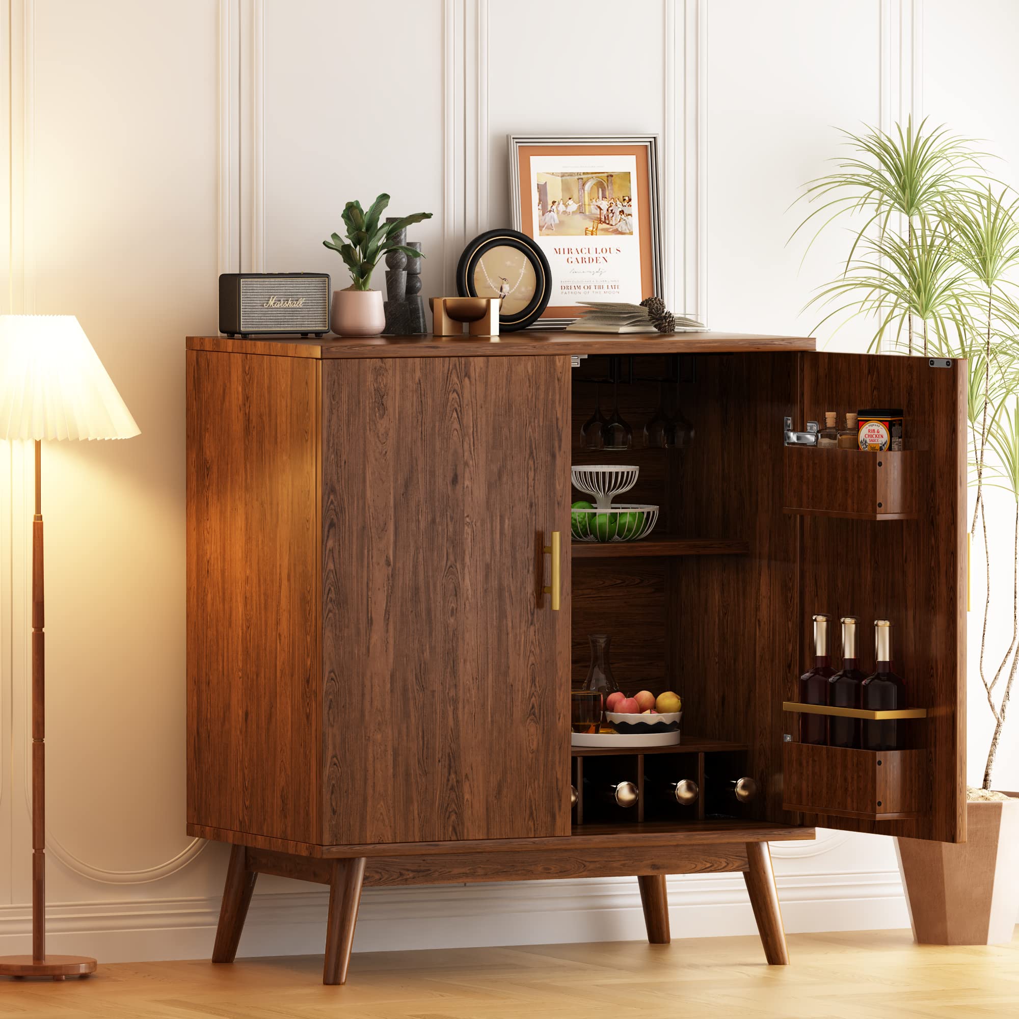 AWQM Freestanding Wine Bar Cabinet with Wine Rack & Glass Holder - Dark Brown Buffet Sideboard with Double Doors for Dining Room, Kitchen, or Home Bar Storage