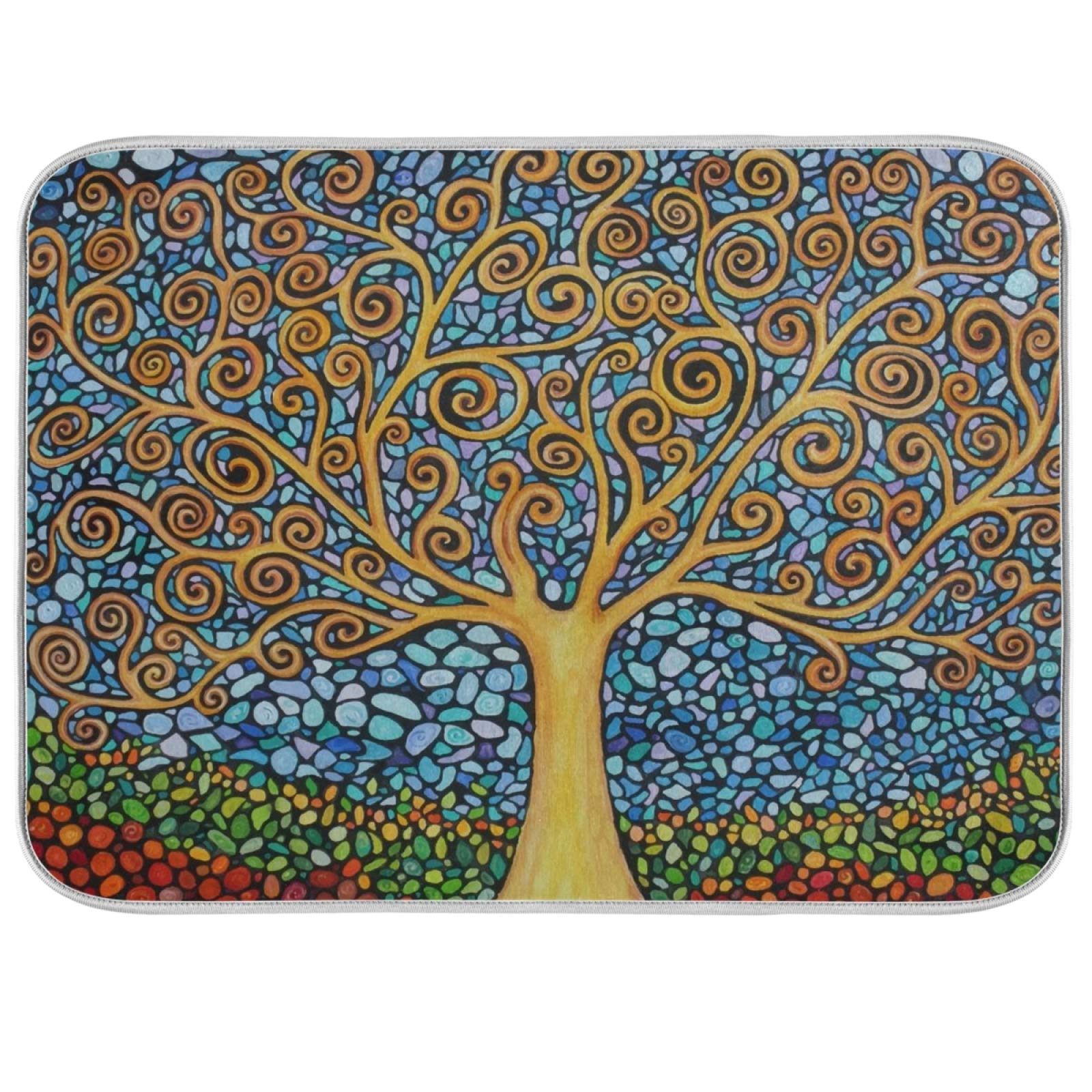 18 x 24 Inch Abstract Tree Design Dish Drying Mat - Non-Slip Kitchen Countertop Protector for Plates, Cups & Bottles | Perfect for Drying Dishes, Protecting Countertops & Organizing Kitchen