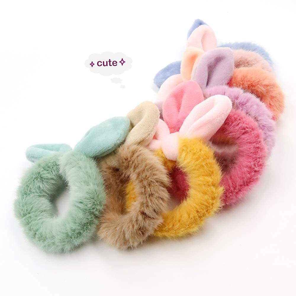 8 Pieces Furry Rabbit Ear Hair Scrunchies for Women - Soft Fuzzy Hair Ties, Ponytail Holders & Hair Accessories for Girls (Perfect for Everyday Wear, Parties & Gifts)