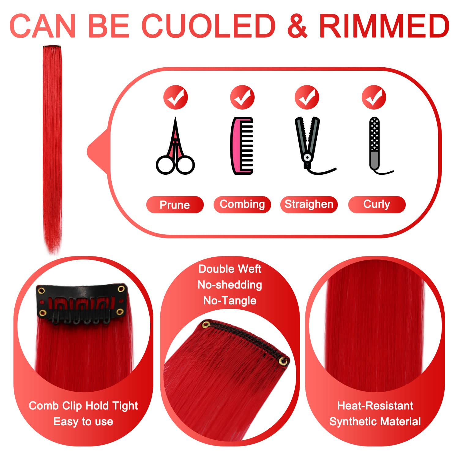 12 Pcs Red Clip-in Hair Extensions for Women - Straight Synthetic Hairpieces with Multi-Colors Highlights for Party, Cosplay & Daily Styling