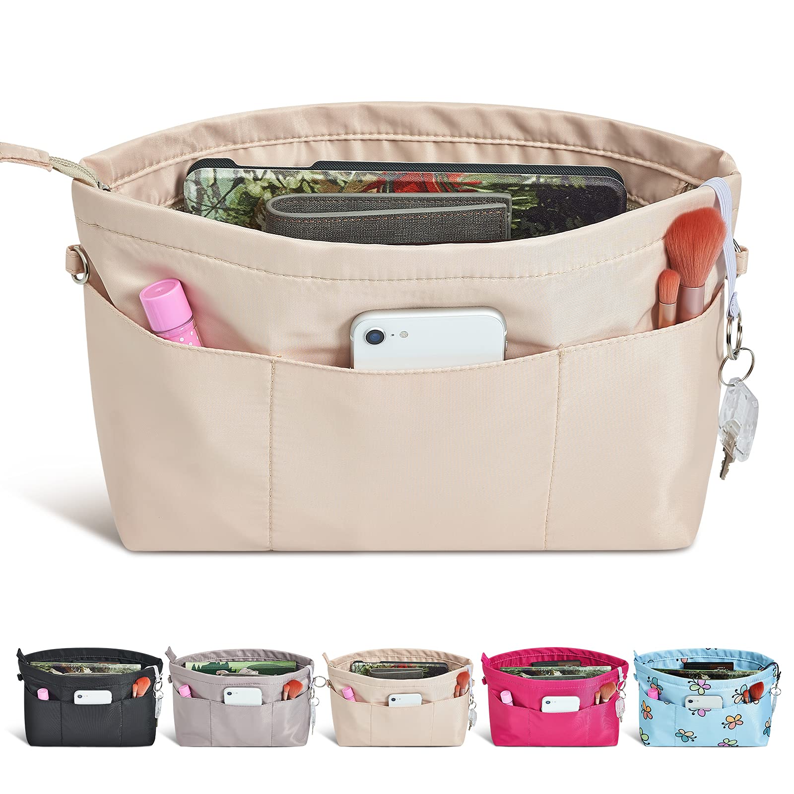 Premium Nylon Handbag Organizer Insert with 13 Zippered Pockets - Large Beige Tote Bag Organizer for Women | Perfect for Travel, Work & Daily Use