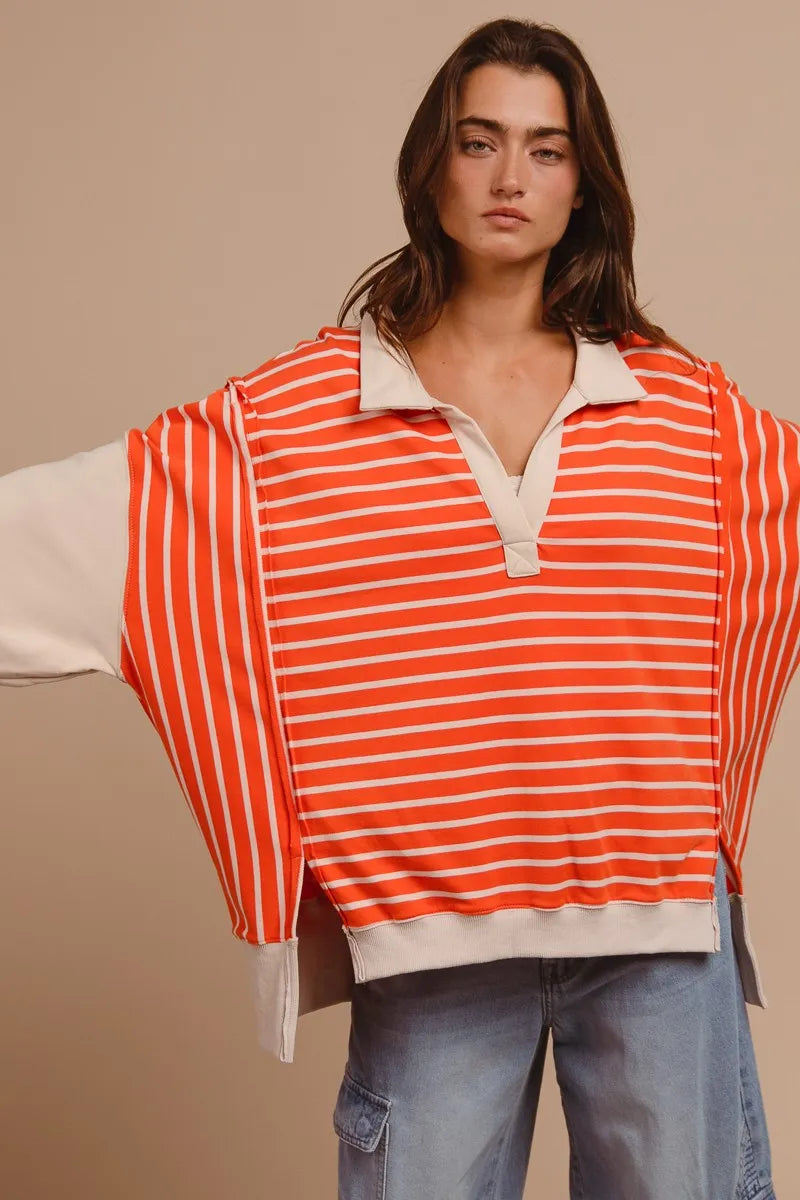 BiBi Stripe Knit Loose Fit T-Shirt with Cut Edge Detail - Casual Women's Top for Everyday Wear, Outings & Layering
