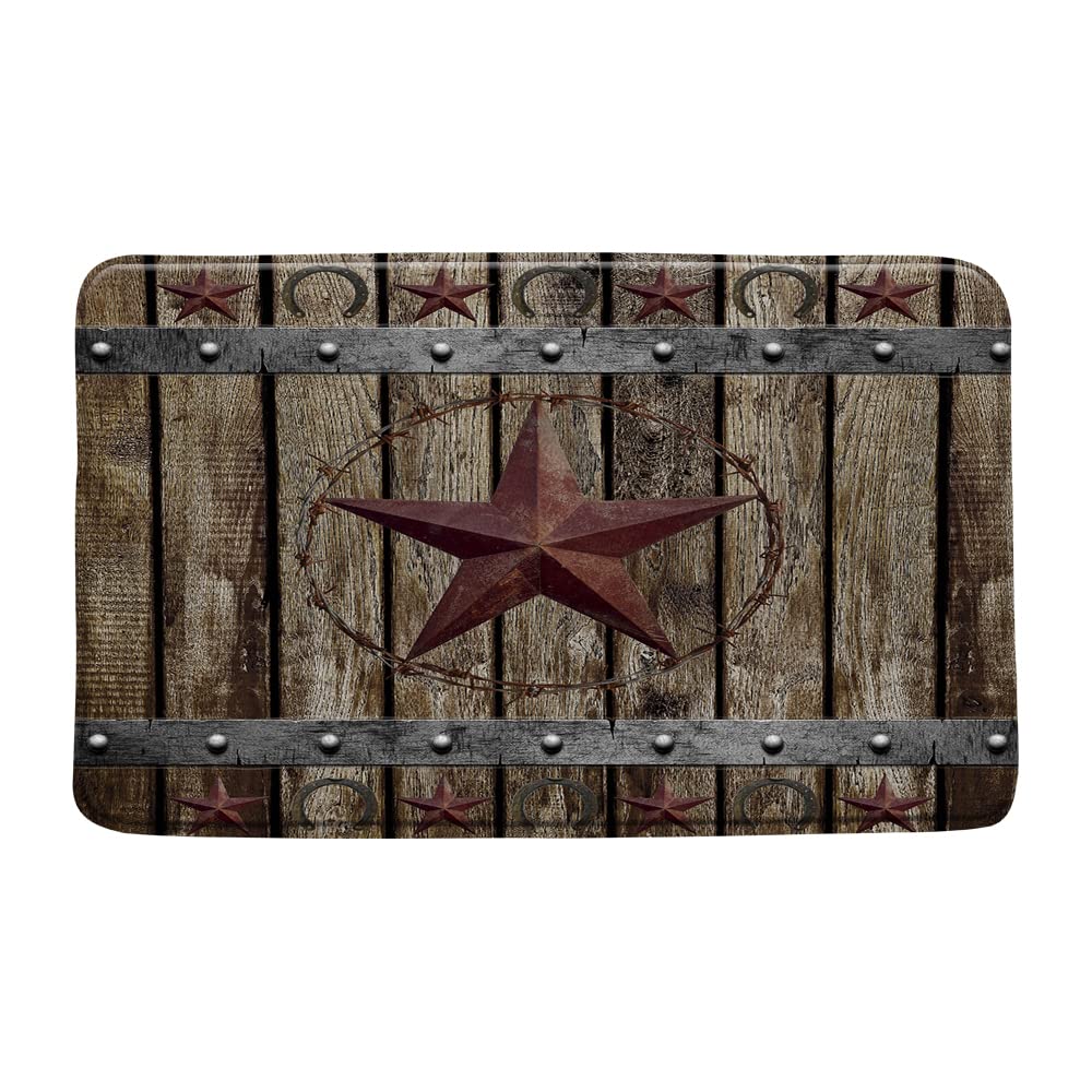 Texas Star Rustic Wood Board Bath Mat - Farmhouse Style Microfiber Memory Foam Bathroom Rug for Country Home, Vintage Brown Non-Slip Shower Mat (Perfect for Farmhouse, Rustic, or Western-Themed Bathrooms)