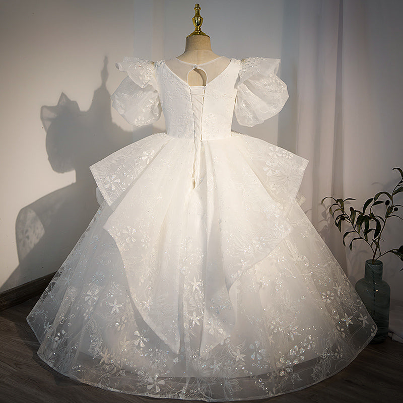 Sparkly White Flower Girl Dress with Sequins & Puff Sleeves - Elegant A-Line Princess Gown for Weddings, Baptisms & Special Occasions