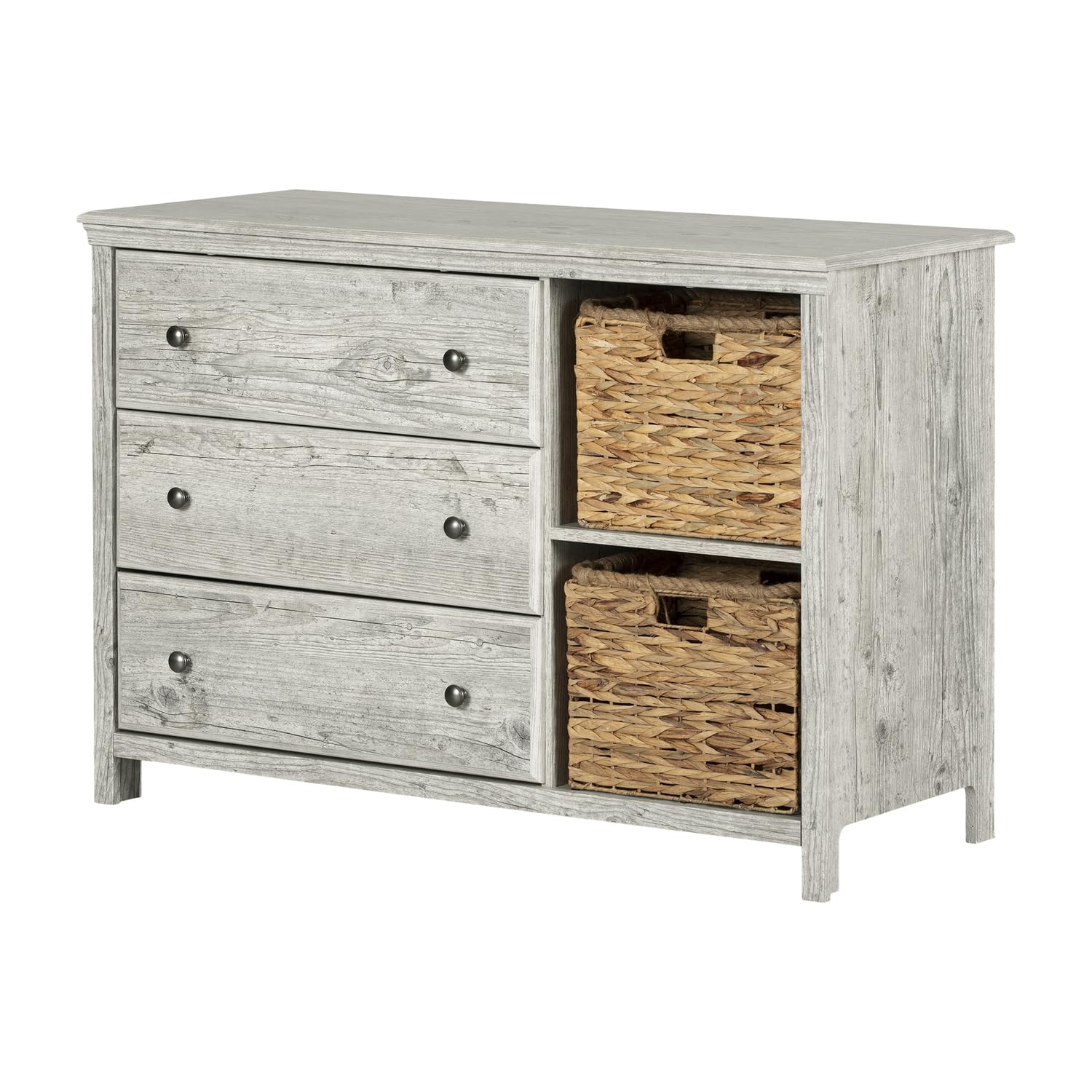 South Shore Cotton Candy 3-Drawer Dresser with Baskets in Seaside Pine - Modern Kids Bedroom Storage Solution for Clothes, Toys & Nursery Organization