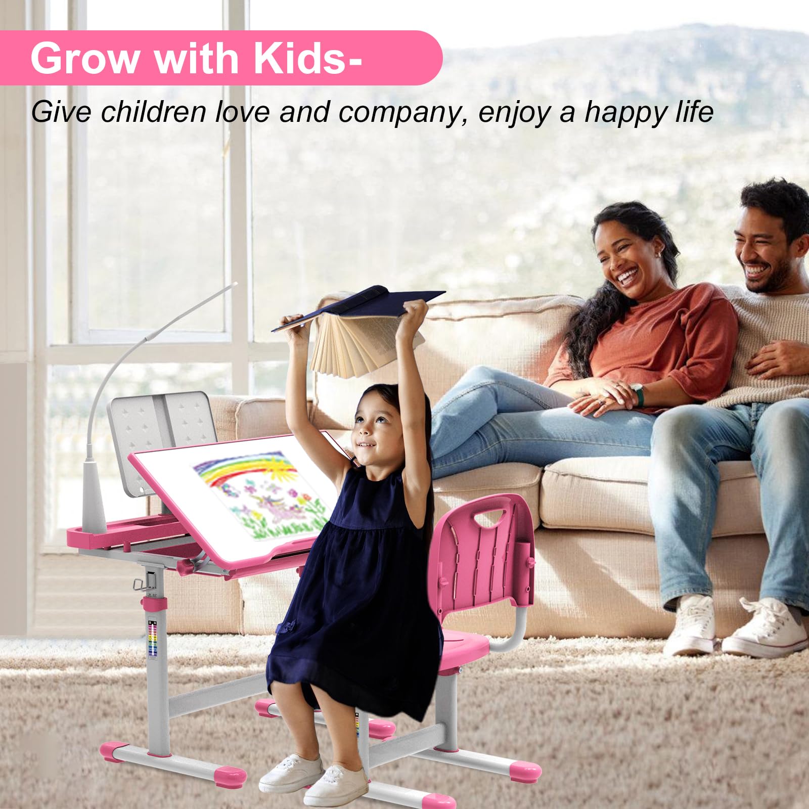 Adjustable Kids Study Desk with LED Light - Height & 40° Tiltable Desktop for Children Ages 5-8 | Perfect Birthday, Christmas & New Year Gift (Pink) | Ideal for Homework, Drawing & Reading Activities