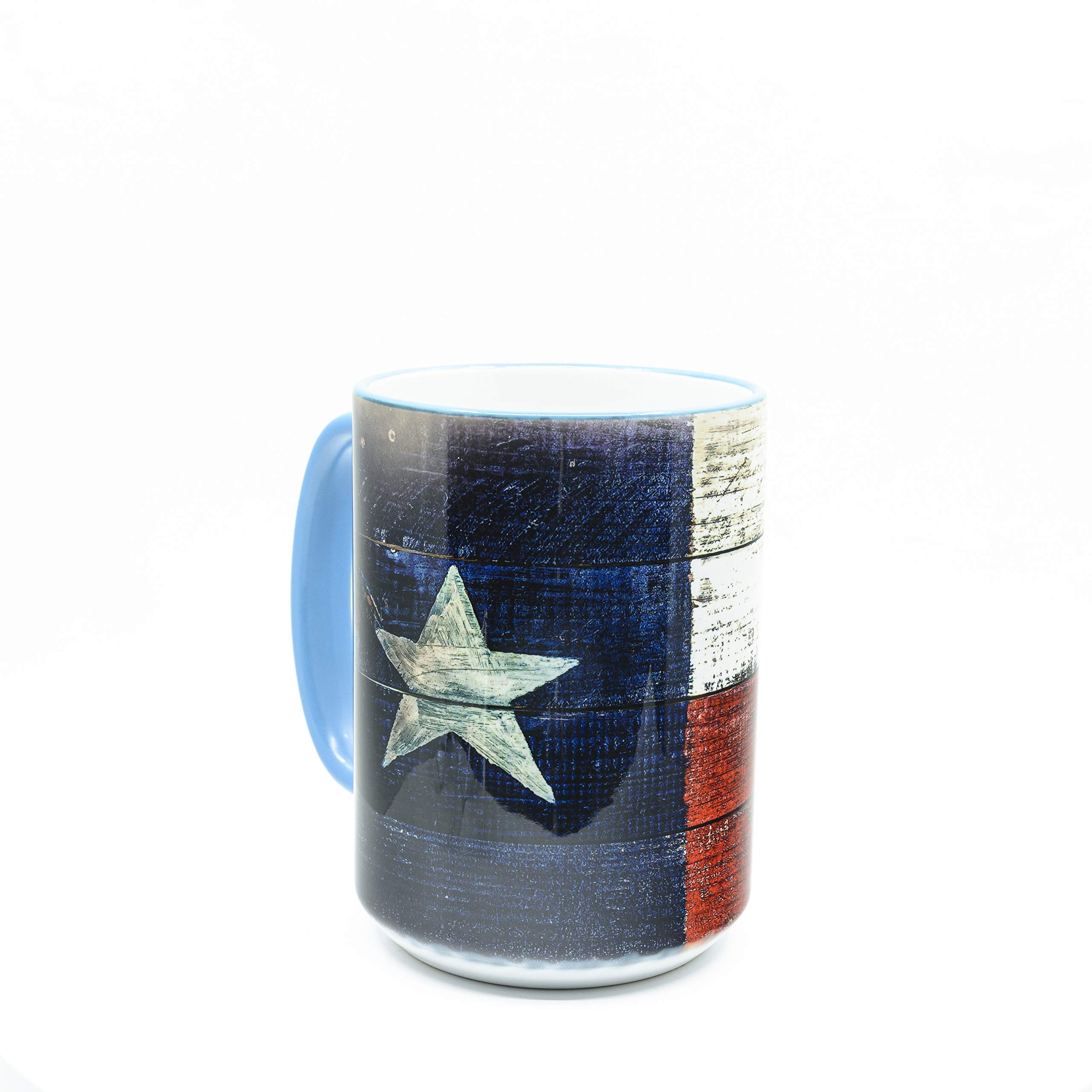 15 oz Texas Flag Ceramic Coffee Mug - Rustic Texas Sky Blue Rim Gift Mug for Home, Office & Travel | Perfect for Coffee, Tea & Hot Beverages