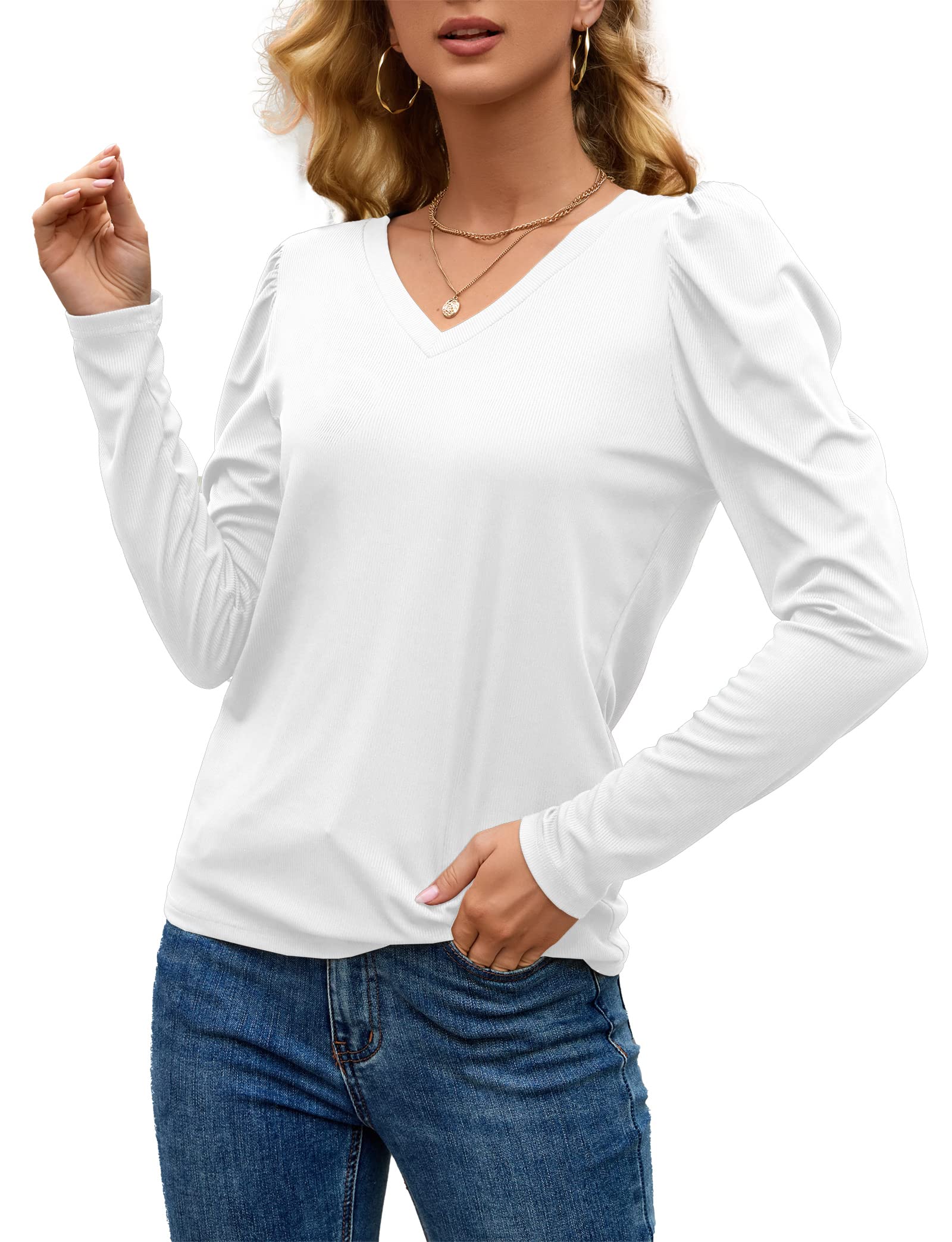 Women's V-Neck Casual T-Shirt with Puff Sleeves - Solid Color Tunic Top Blouse for Everyday Wear | Office, Date Night & Weekend Outfits