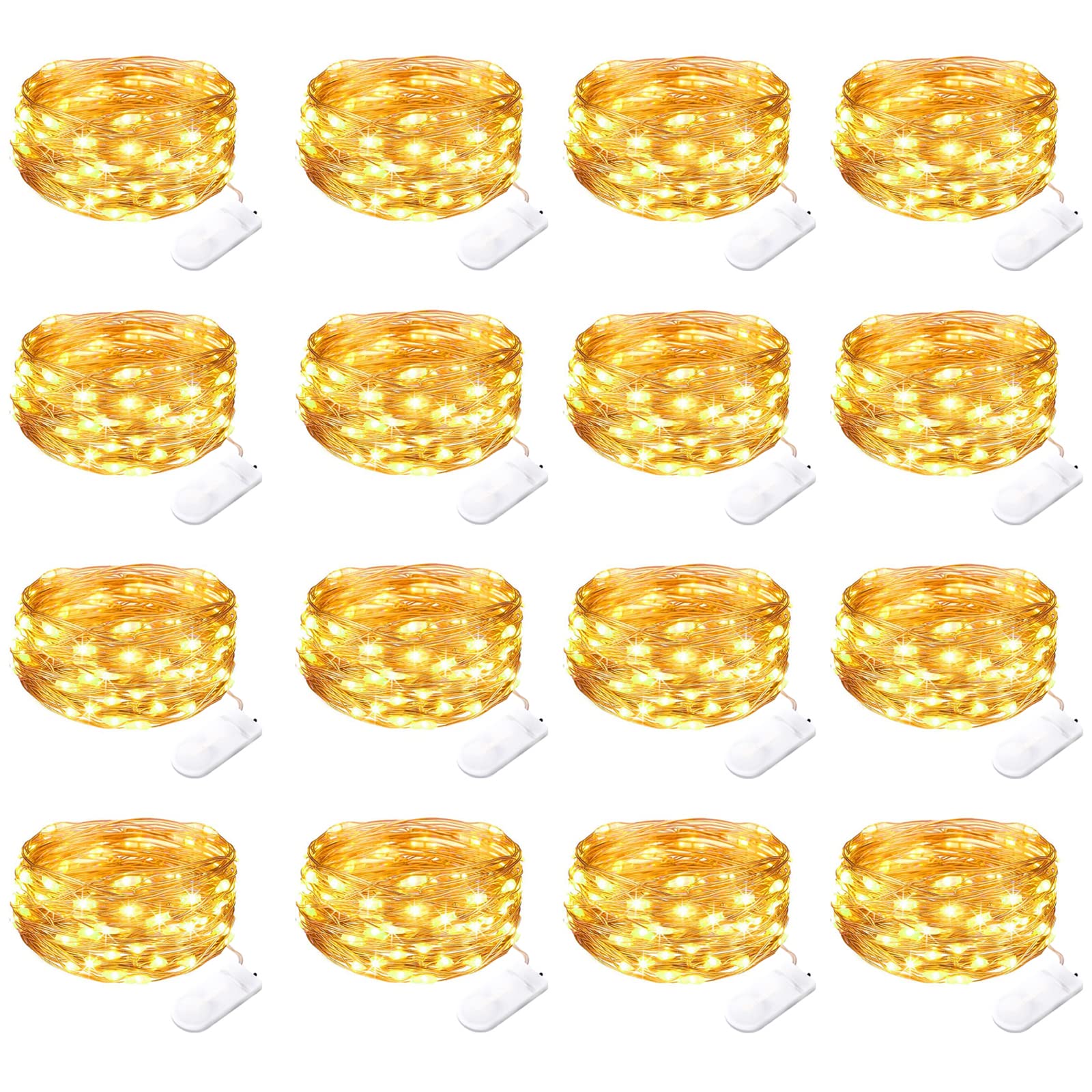 16 Pack Battery Operated LED Fairy Lights - 10ft 20 LED Waterproof Twinkle String Lights with Copper Wire, Warm White for Mason Jars, Christmas Decorations, Wedding Party, Patio & Outdoor Lighting