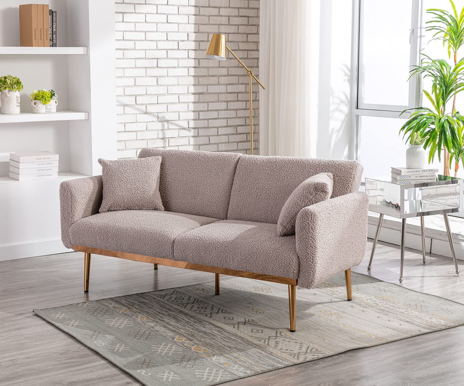Antetek 3-Position Adjustable Futon Sofa Bed - Modern Upholstered Convertible Loveseat with 5 Metal Tapered Legs & 2 Decorative Pillows, Grey Teddy Fabric - Perfect for Small Spaces, Guest Rooms & Studio Apartments