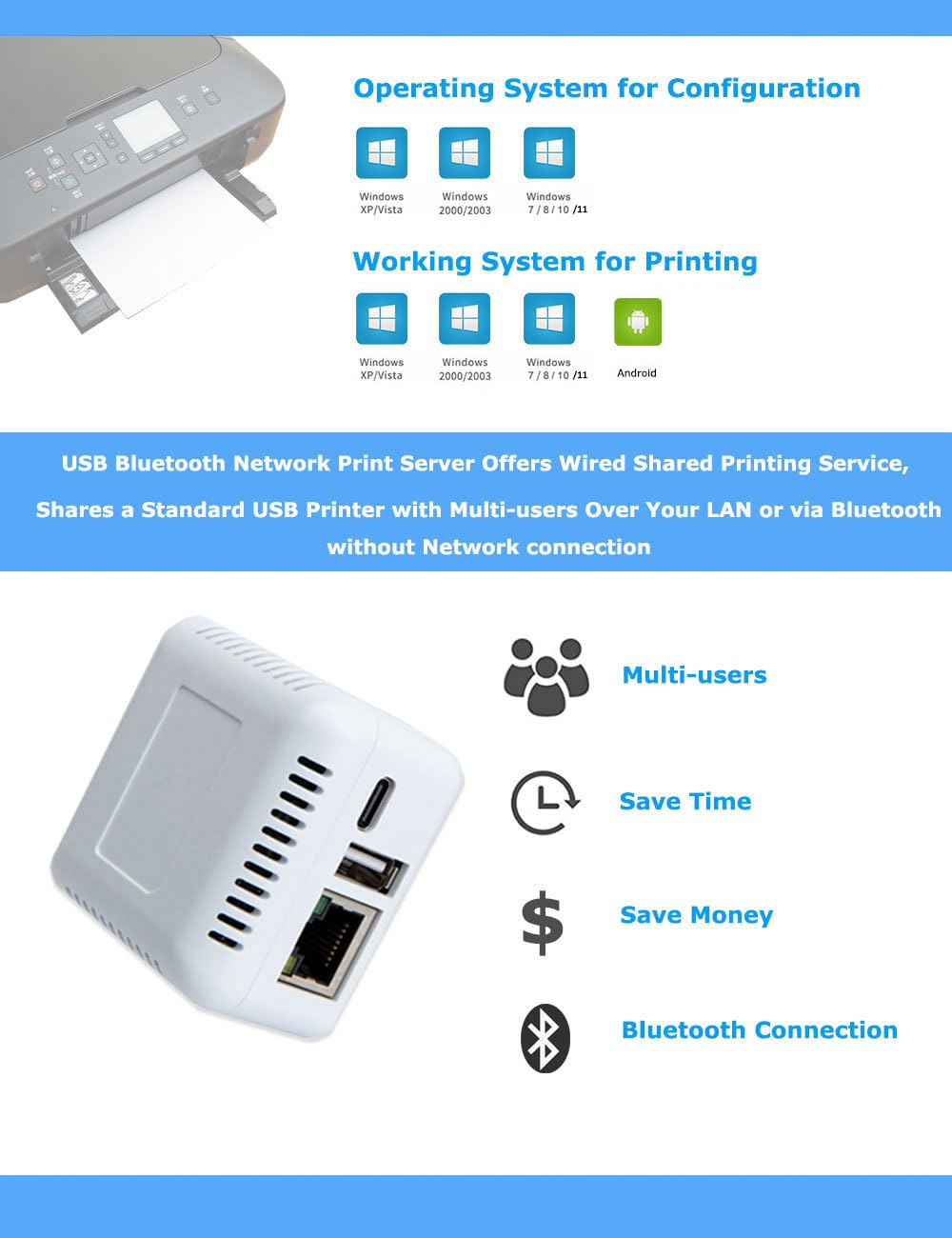Wireless Bluetooth USB Print Server - LAN & Bluetooth Printer Sharing for Windows & Android - Convert Old USB Printer to Wireless - Home Office & Small Business Printing Solution