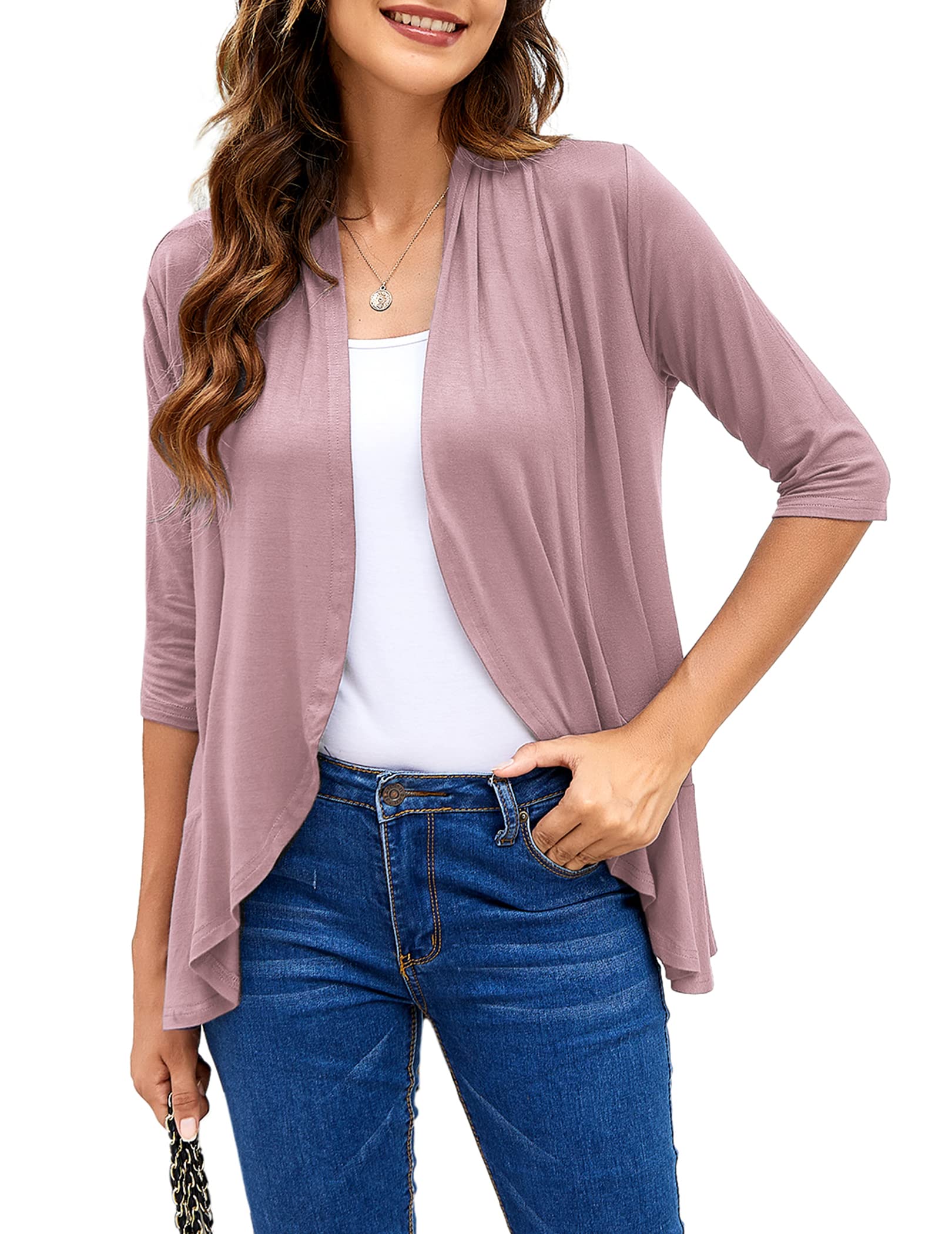 Zeagoo Women's Open Front Cardigan - 3/4 Sleeve Soft Knit Sweater with Draped Ruffles | Lightweight Cover-Up for Office, Date Night & Spring Layering