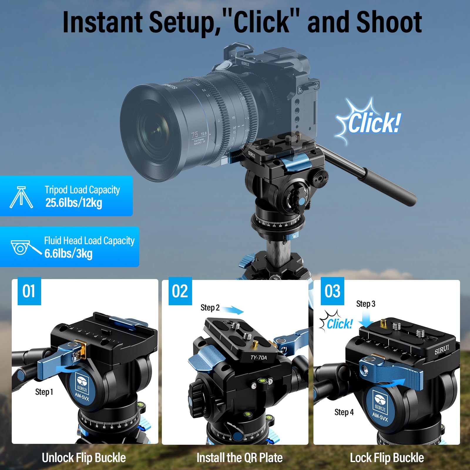 SIRUI AM-124 Carbon Fiber Tripod with AM-5VX Fluid Head - 65.6