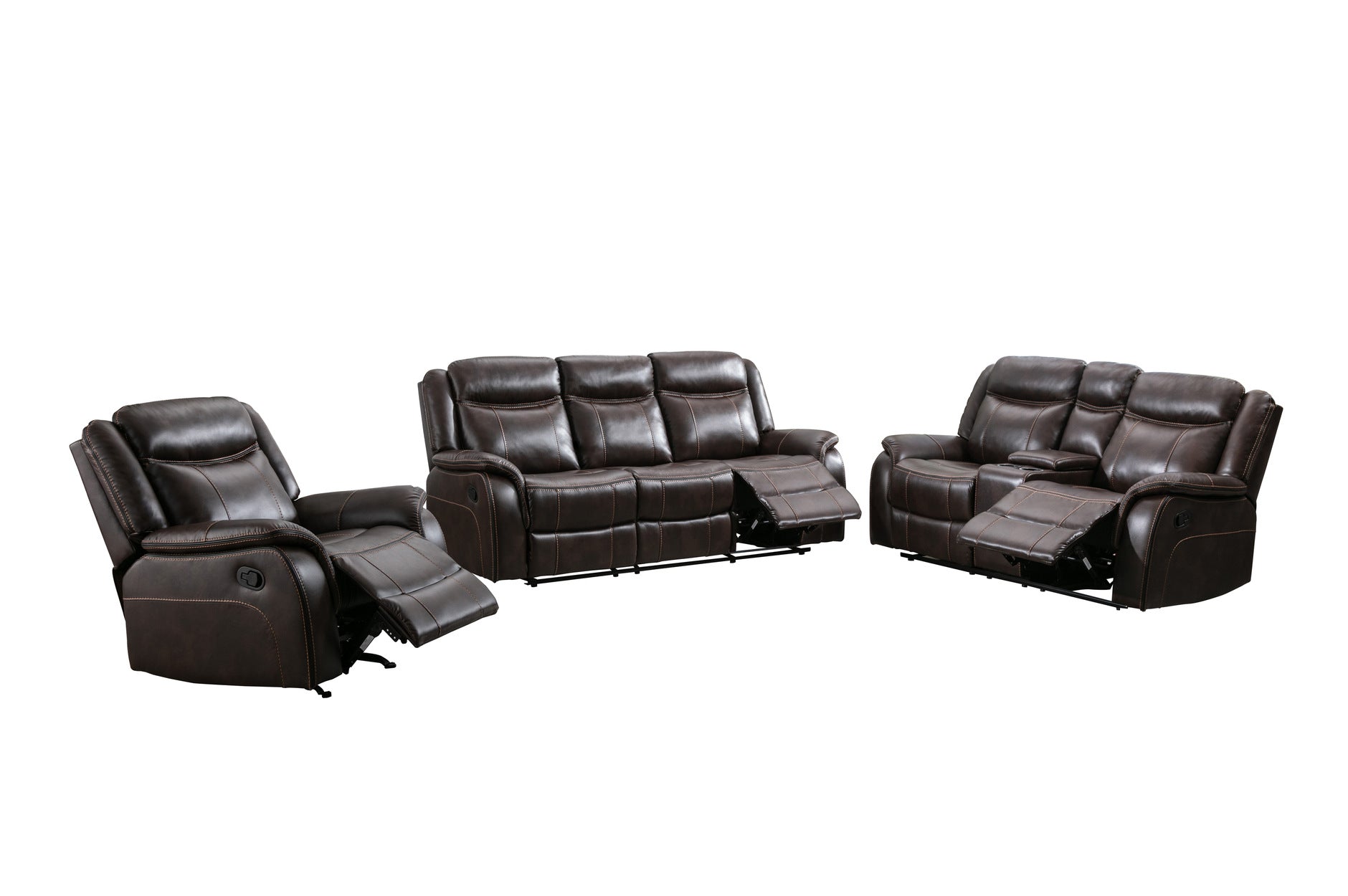 Brown Paxton Reclining Living Room Set - 3-Piece Comfortable Leather Sofa & Loveseat with Cup Holders | Perfect for Family Movie Nights & Entertaining Guests