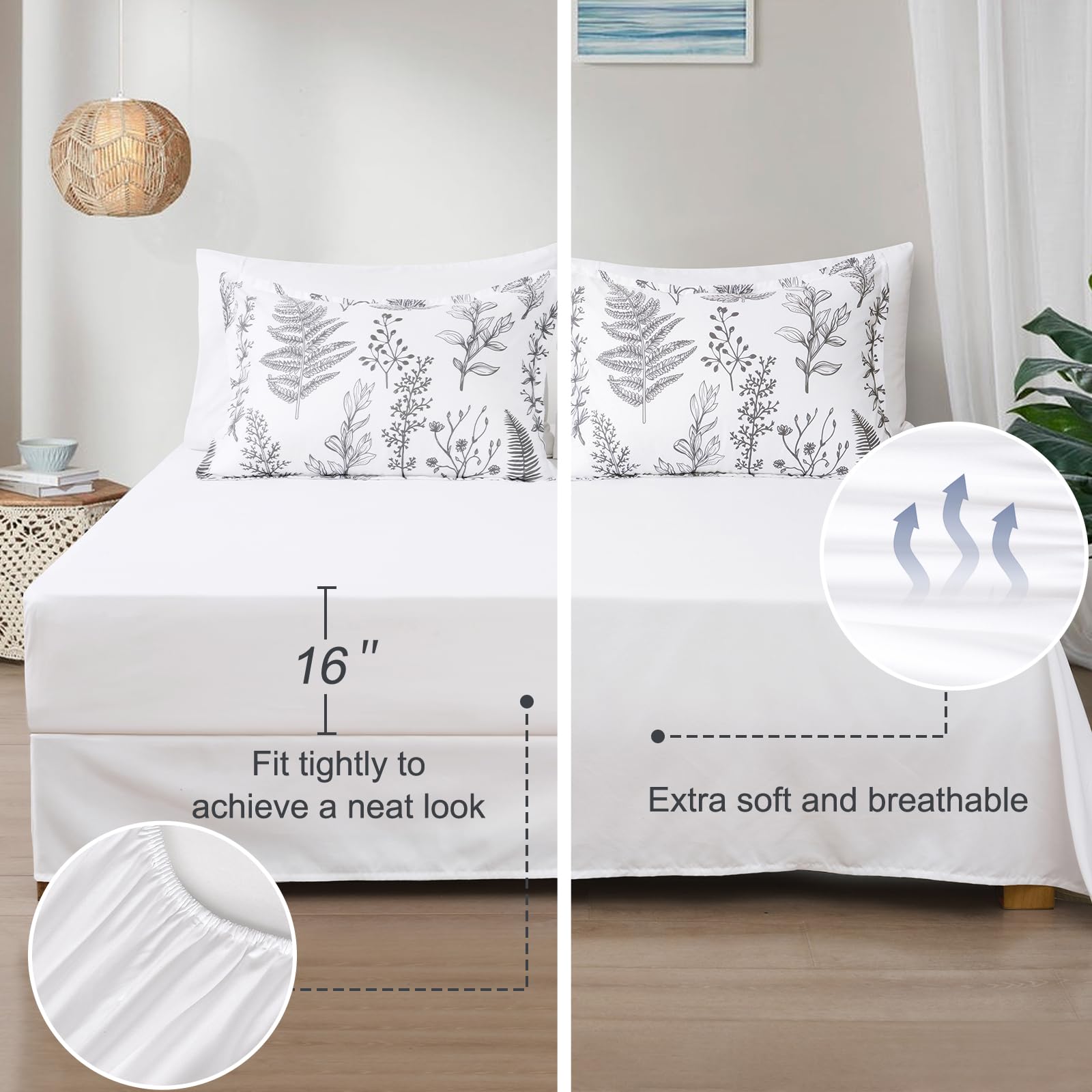 PHF 7-Piece King Comforter Set - Ultra Soft Reversible Botanical Bedding | Includes Comforter, Pillow Shams, Flat Sheet, Fitted Sheet & Pillowcases | Perfect for Master Bedroom, Guest Room & Cozy Home Decor | White