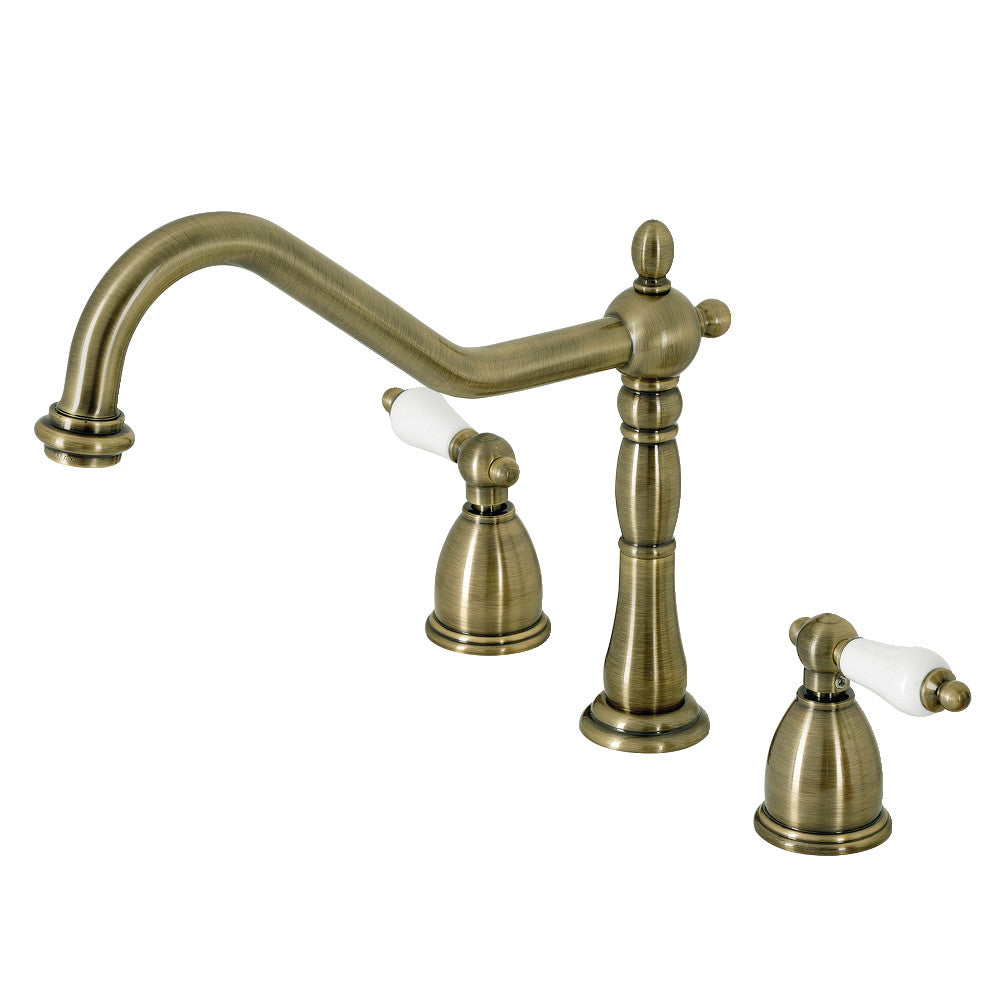 Kingston Brass KB1796PLLS Widespread Kitchen Faucet - Polished Brass Finish, High Arc Spout, Dual Handle Design for Modern Kitchens | Perfect for Cooking, Washing Dishes & Filling Pots