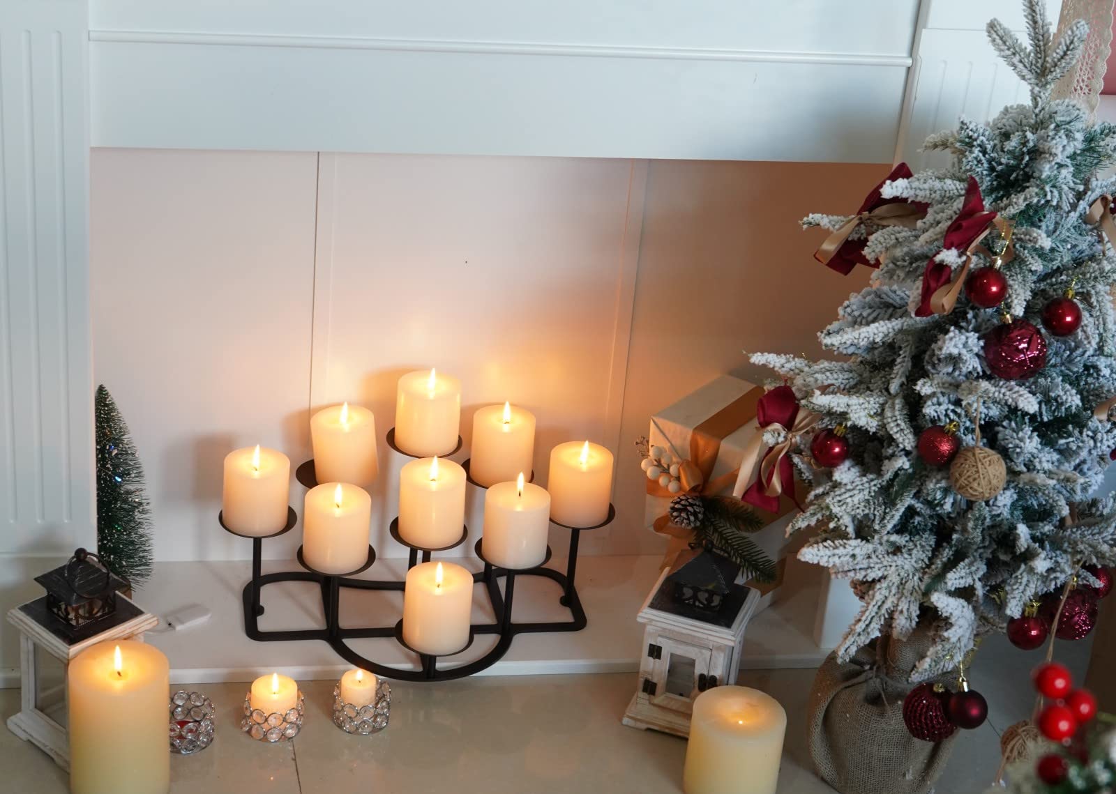 LANLONG 9-Branch Black Iron Candelabra for Pillar Candles - Elegant Fireplace Candle Holder, Table Centerpiece & Floor Decor for Christmas, Advent, Wedding & Home Decoration