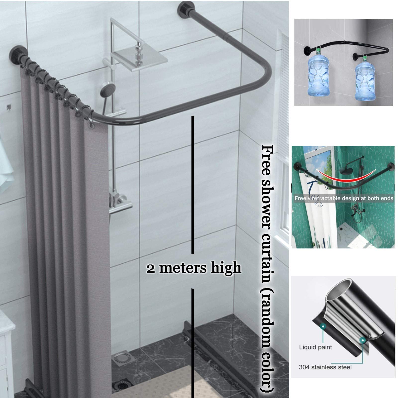 EEUK U-Shaped Adjustable Stainless Steel Shower Curtain Rod - Rustproof Extendable Corner Shower Rod for Bathroom & Shower Stall - Perfect for Outdoor Use & Small Spaces (Black)