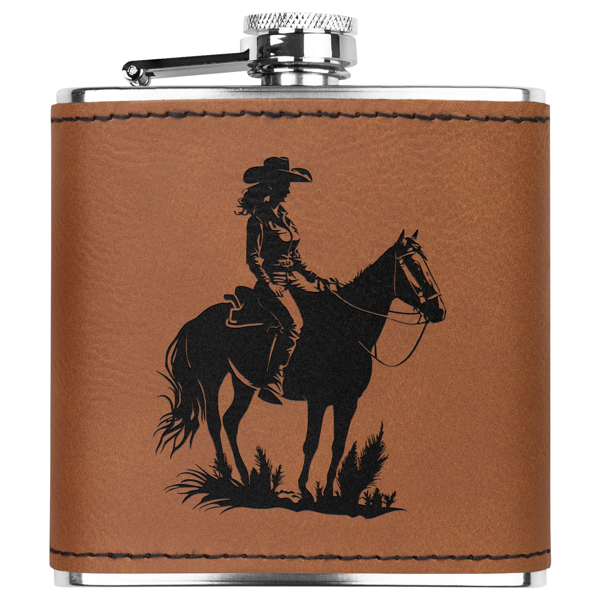Premium Leather Bound Metal Flask with Cowgirl on Horse Design - Perfect for Outdoor Adventures, Camping, and Western Themed Parties