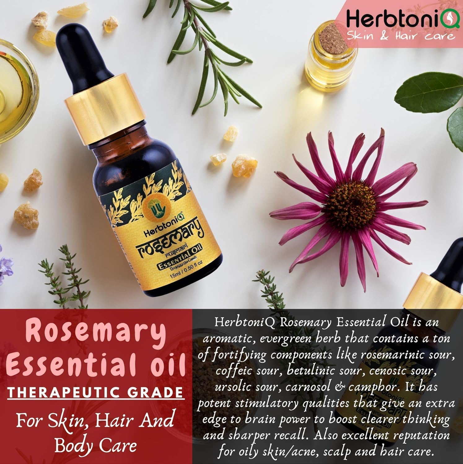 Premium Rosemary Essential Oil for Hair Growth & Scalp Care - 100% Pure Natural Undiluted Therapeutic Grade - Hair Loss Treatment, Skin & Body Wellness - 15ml Bottle for Aromatherapy, Massage & DIY Beauty Recipes