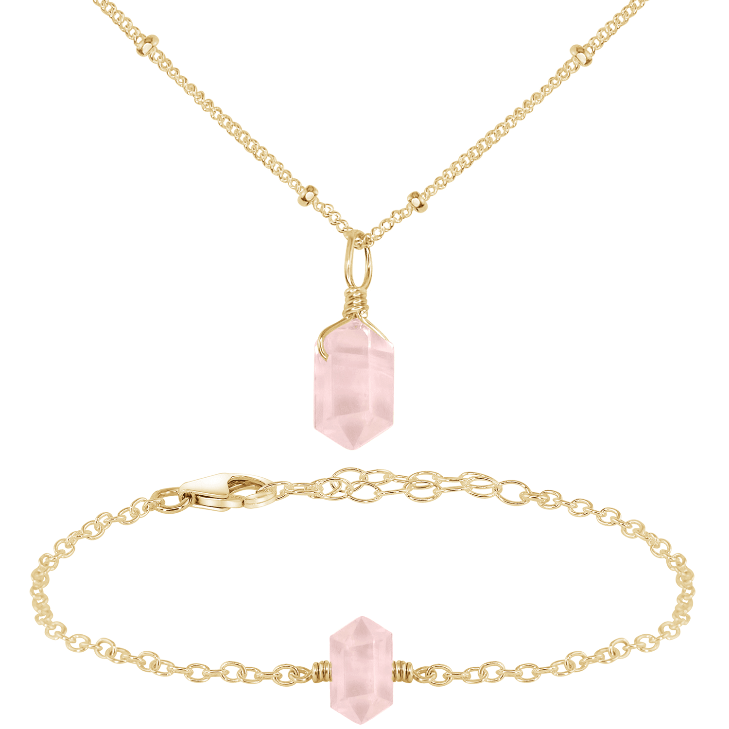 Rose Quartz Double Terminated Crystal Jewelry Set - Healing Stone Necklace & Earrings for Women - Perfect for Meditation, Energy Healing & Spiritual Gifts
